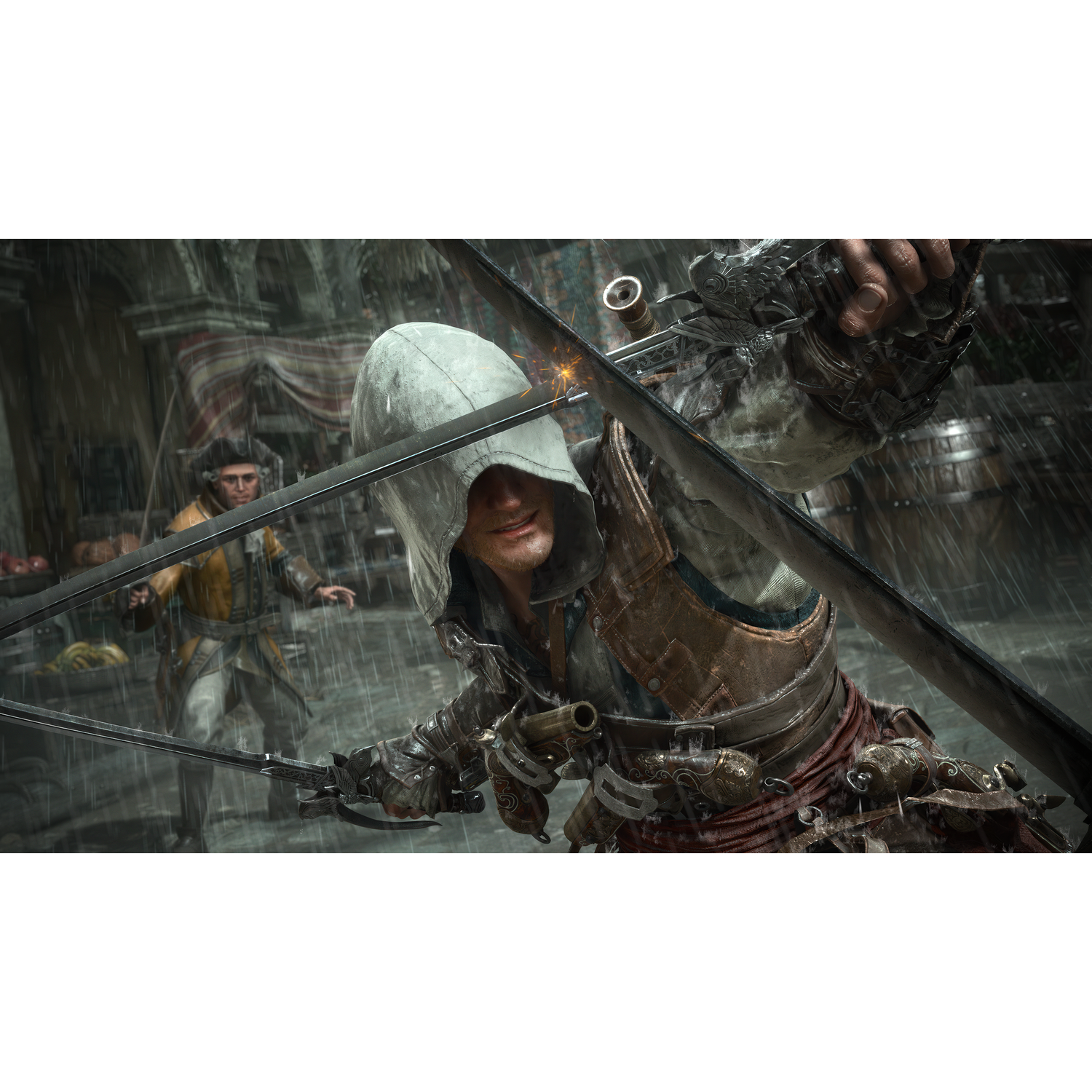 A man in a hood holding swords, fighting in the rain.
