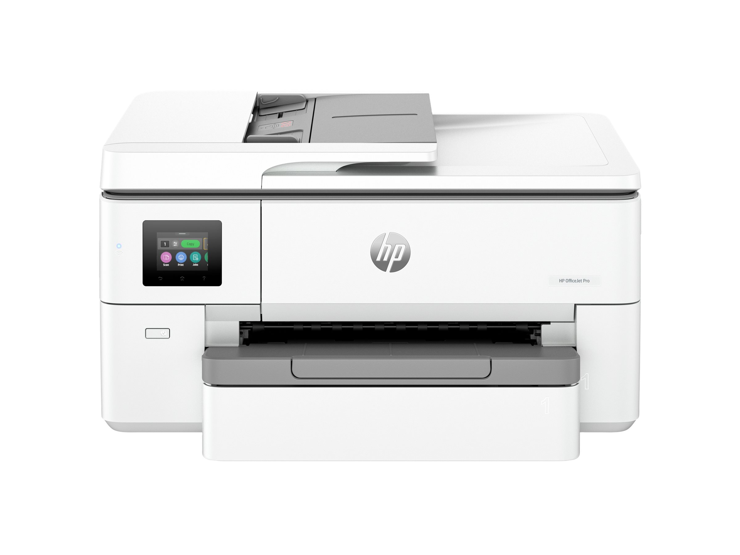 Ein weißer HP OfficeJet Pro Drucker mit Touchscreen-Display und Papierfach.