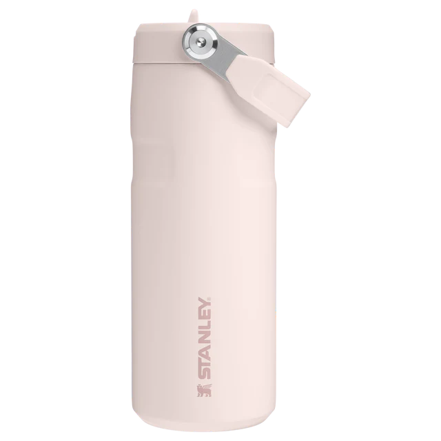 Gümüş kapaklı ve taşıma saplı soluk pembe Stanley şişe.