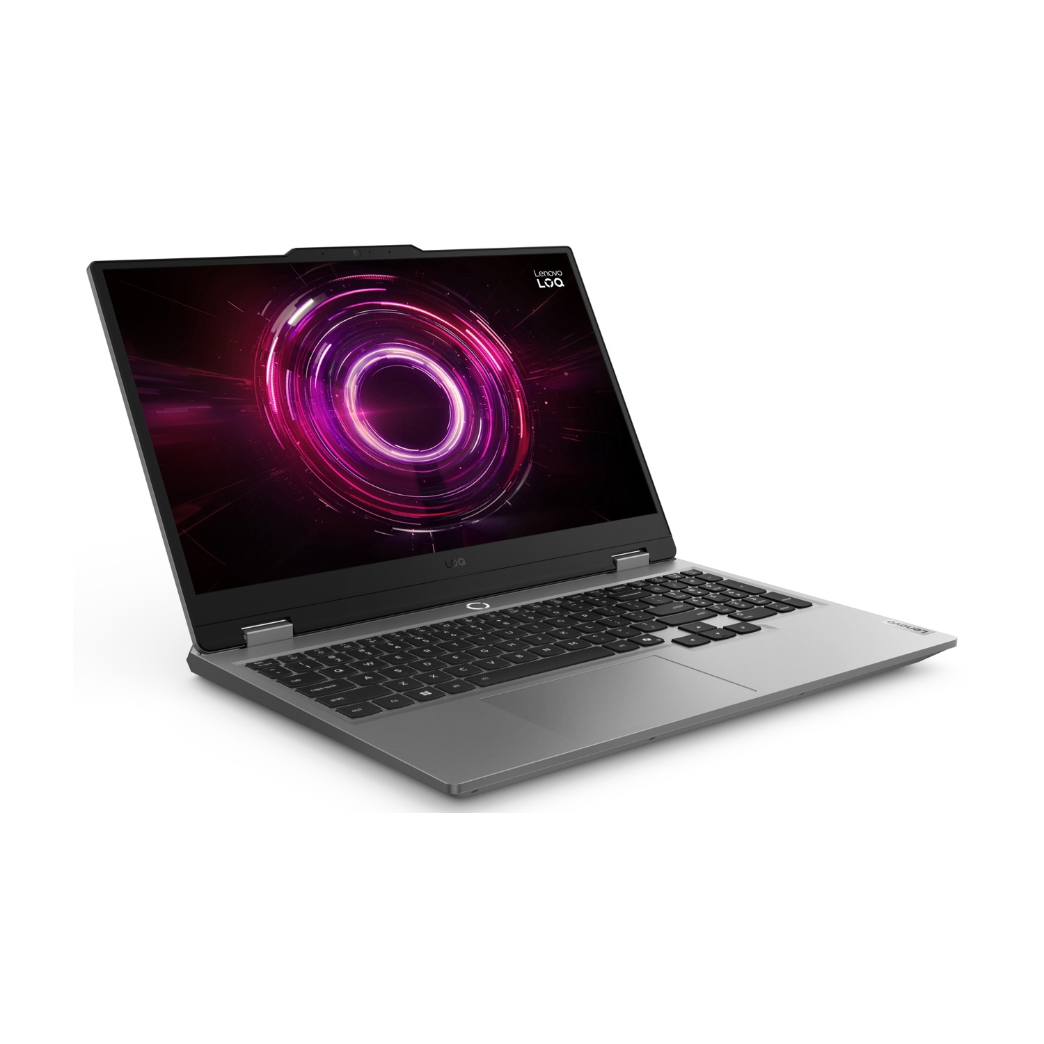 Un laptop Lenovo argentato con una grafica circolare vibrante sullo schermo.