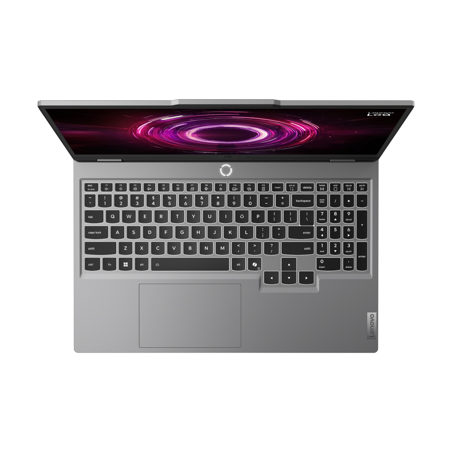 Un laptop Lenovo argentato aperto con tastiera e schermo illuminati.