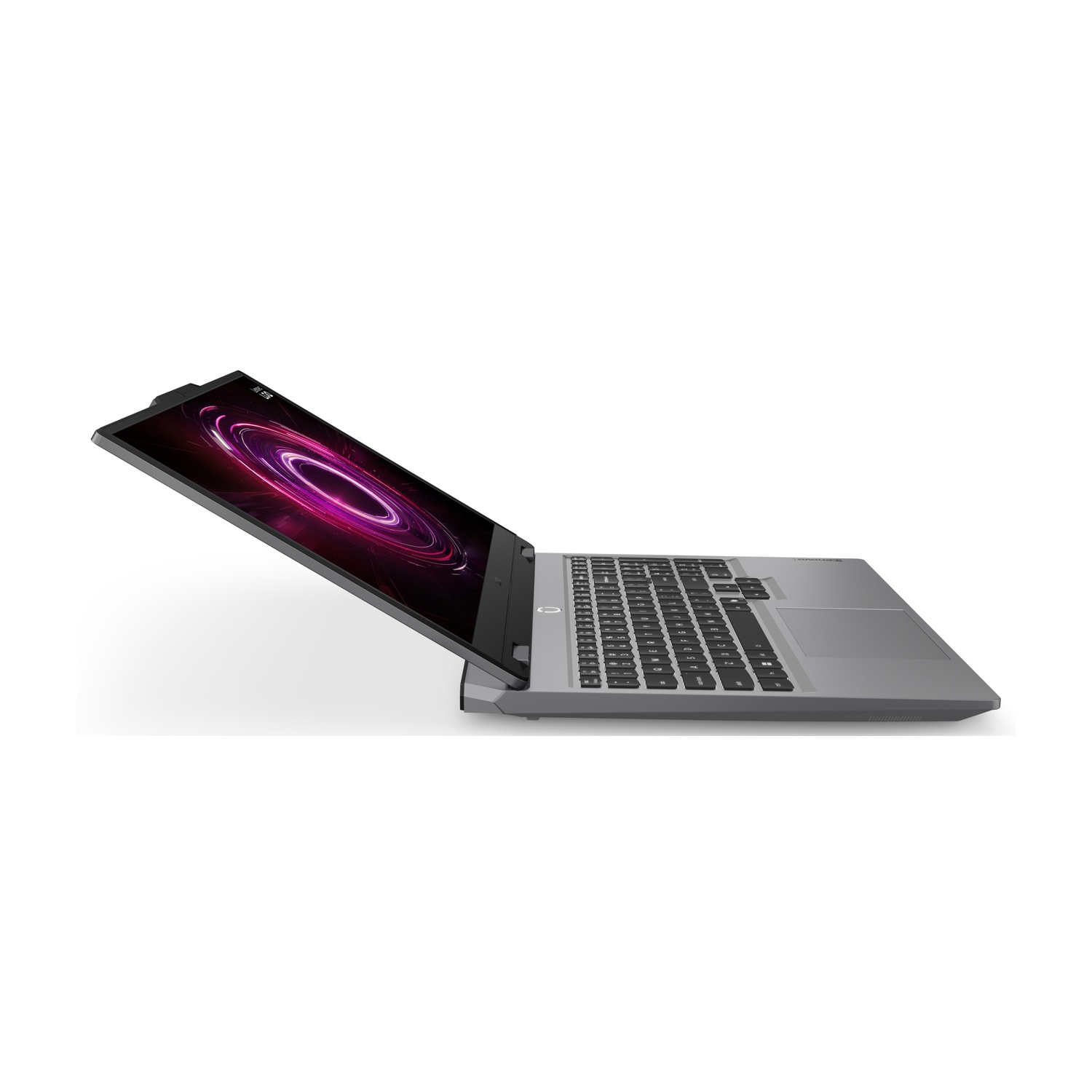 Laptop grigio con schermo aperto, mostra un motivo circolare viola. Tastiera visibile.