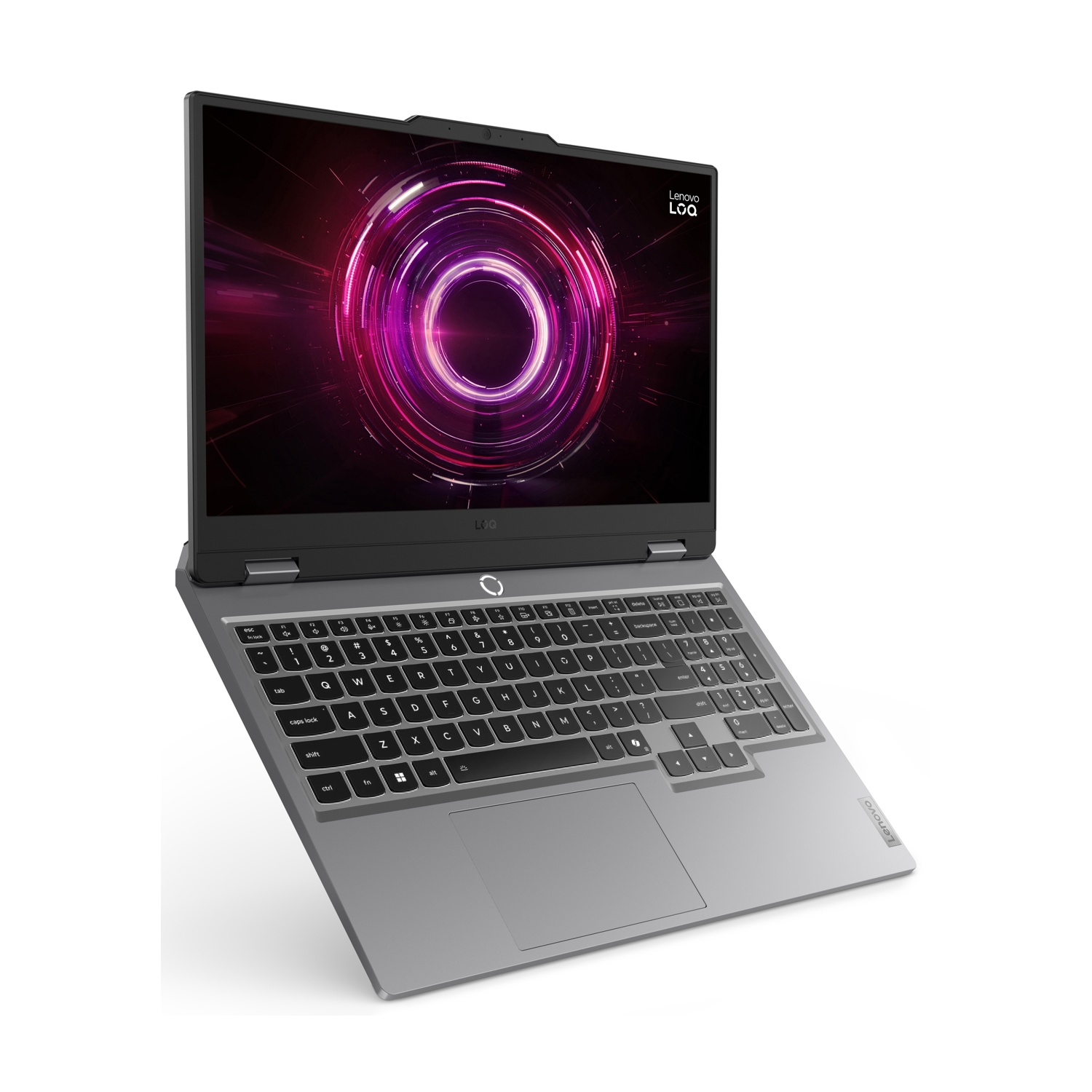 Un laptop Lenovo LOQ grigio aperto con un design circolare viola e rosa sul suo schermo.