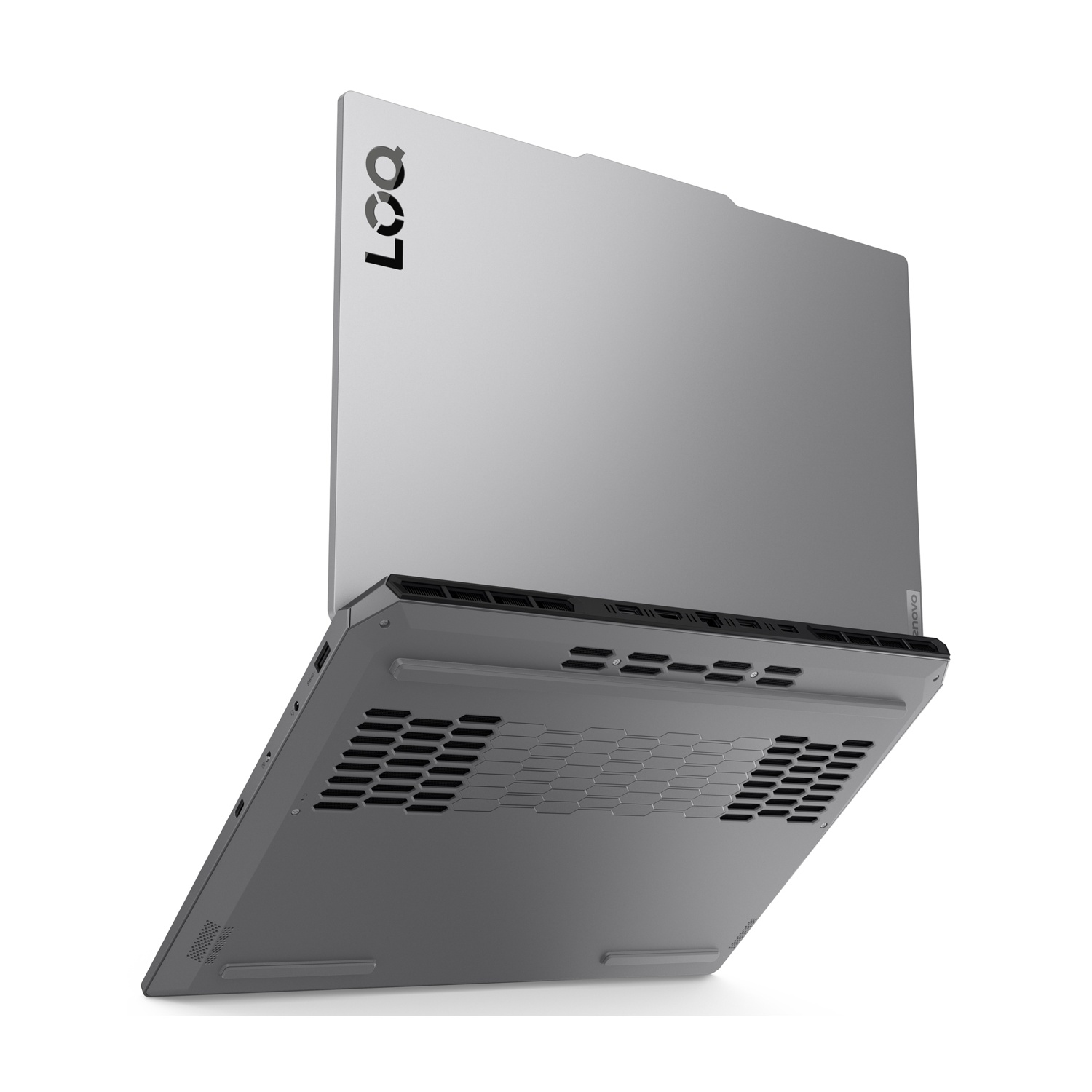 Un laptop argentato è mostrato su sfondo bianco, con il logo "LOQ" sul coperchio.