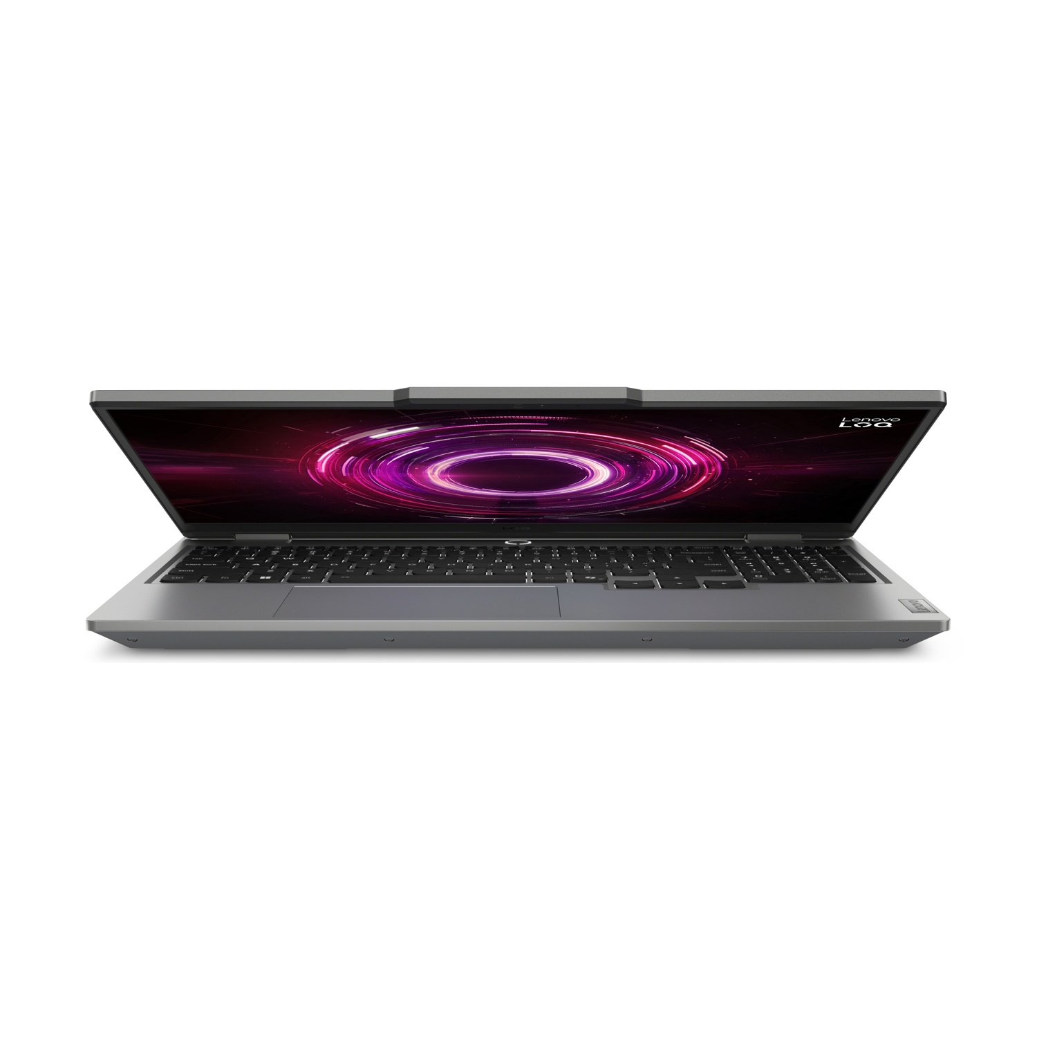 Un laptop Lenovo argentato con un design astratto viola luminoso sullo schermo.
