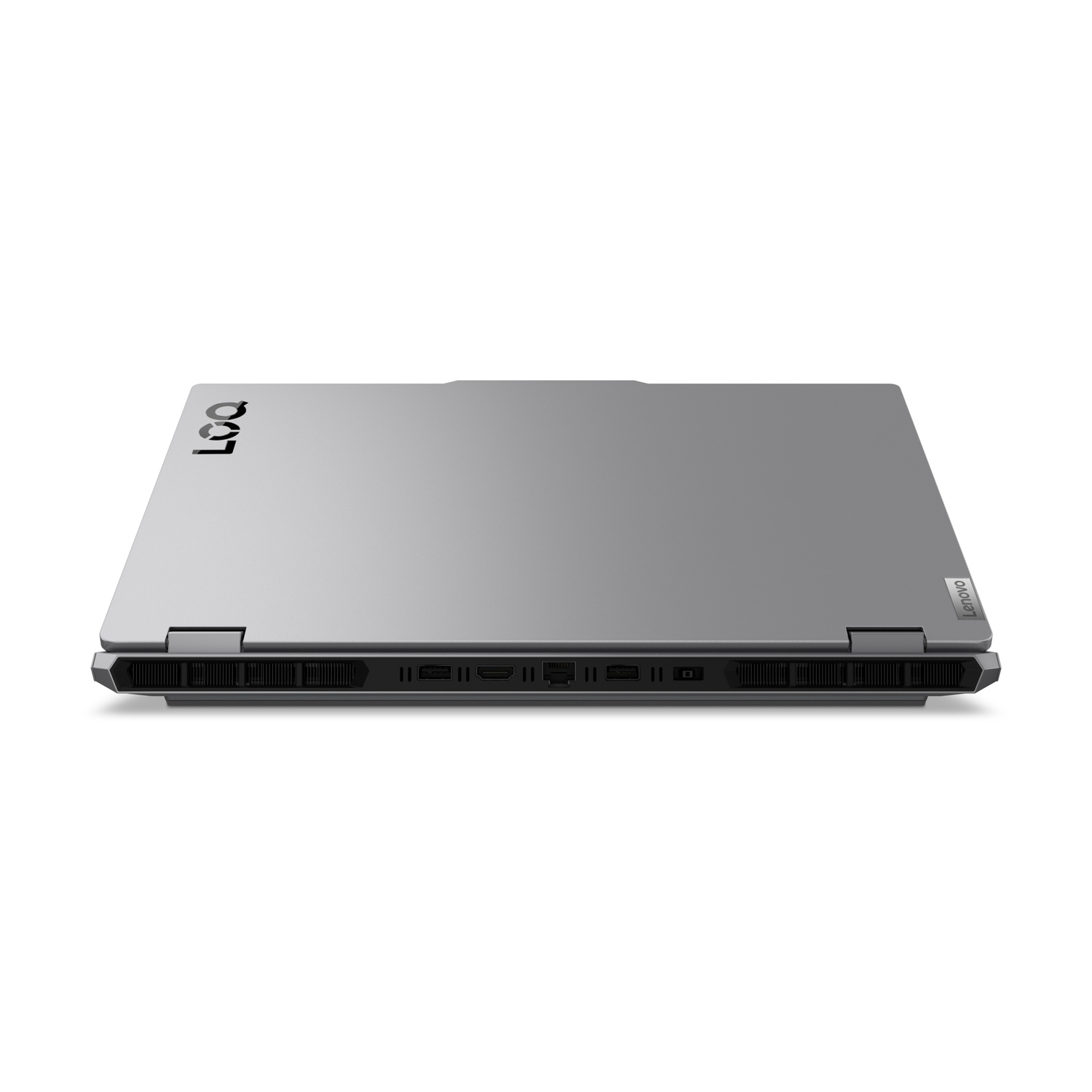 Laptop argentato chiuso con porte laterali e logo 'LOQ'.
