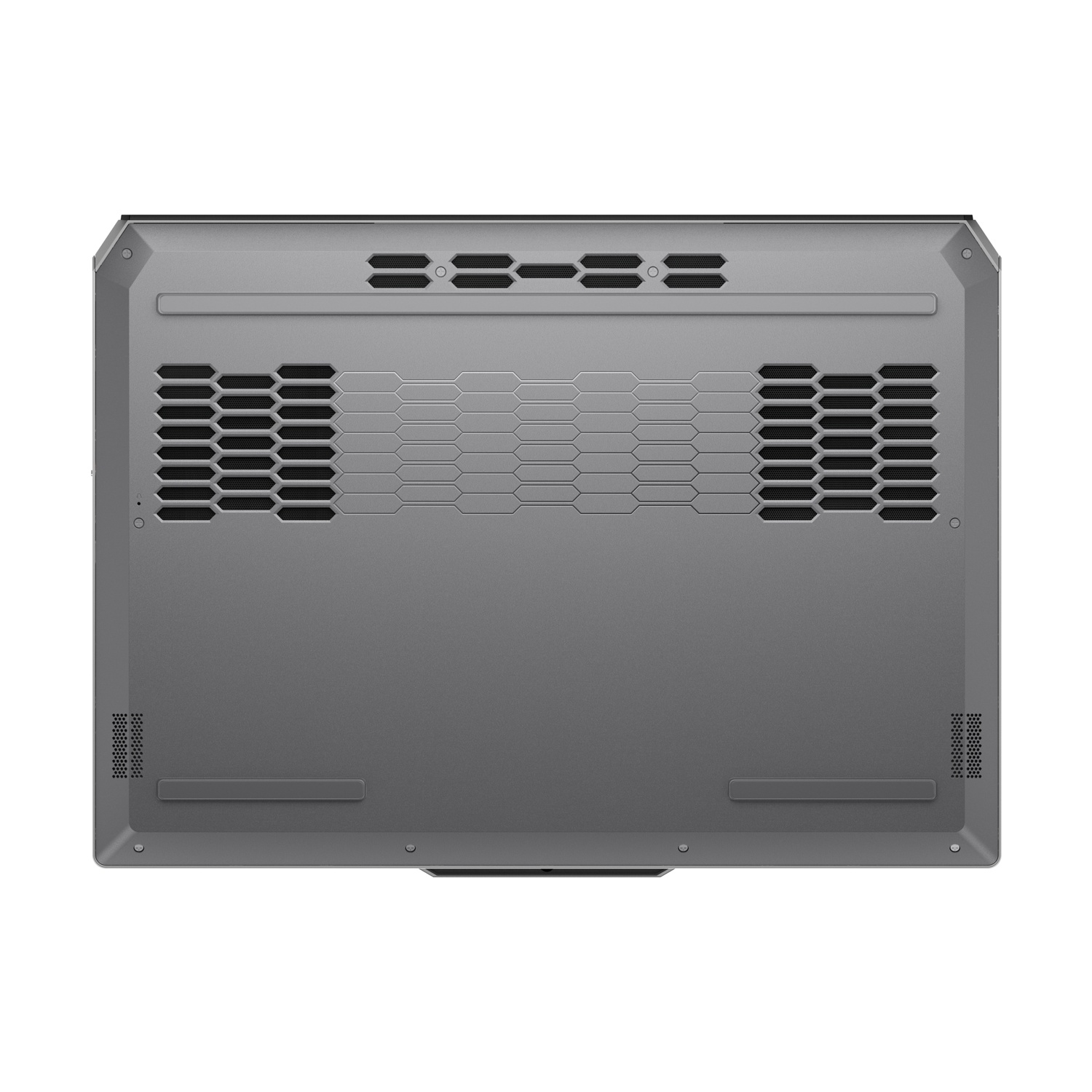 Parte inferiore di un laptop grigio con prese d'aria e motivo.
