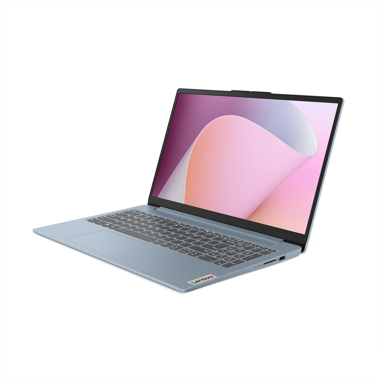 Un laptop Lenovo azzurro con lo schermo aperto, che mostra un motivo rosa e viola.