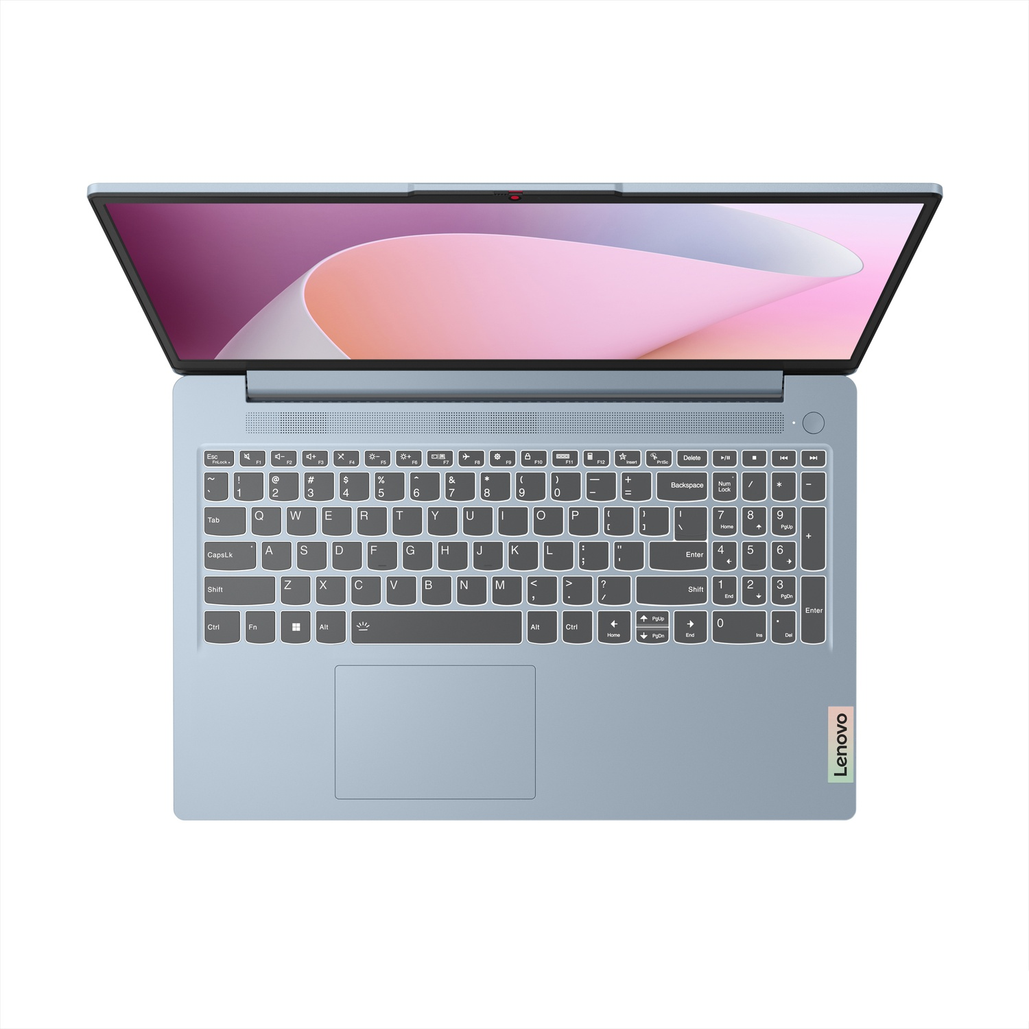 Un laptop Lenovo azzurro è aperto, mostra schermo e tastiera.