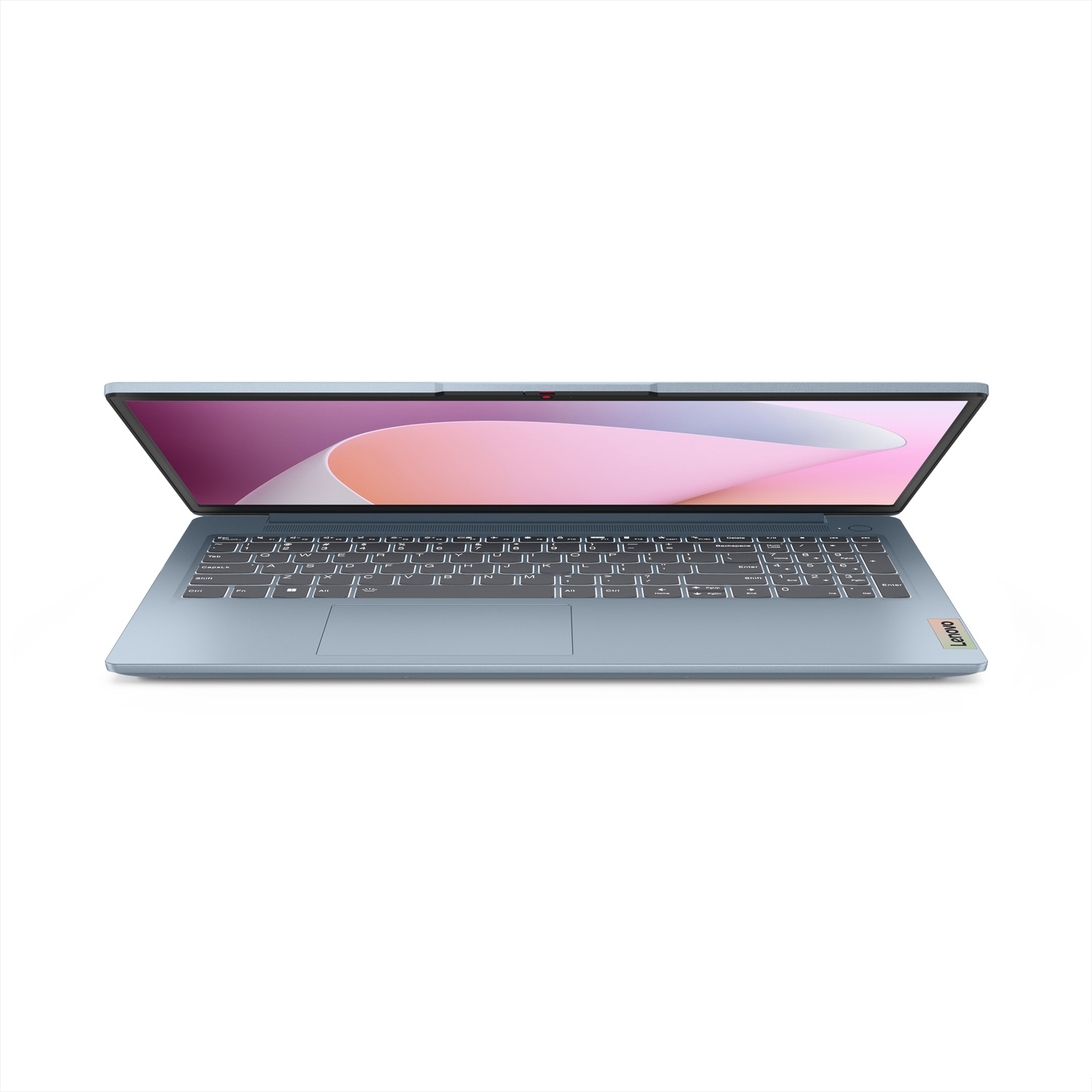 Un laptop azzurro aperto con uno sfondo rosa e bianco sullo schermo.