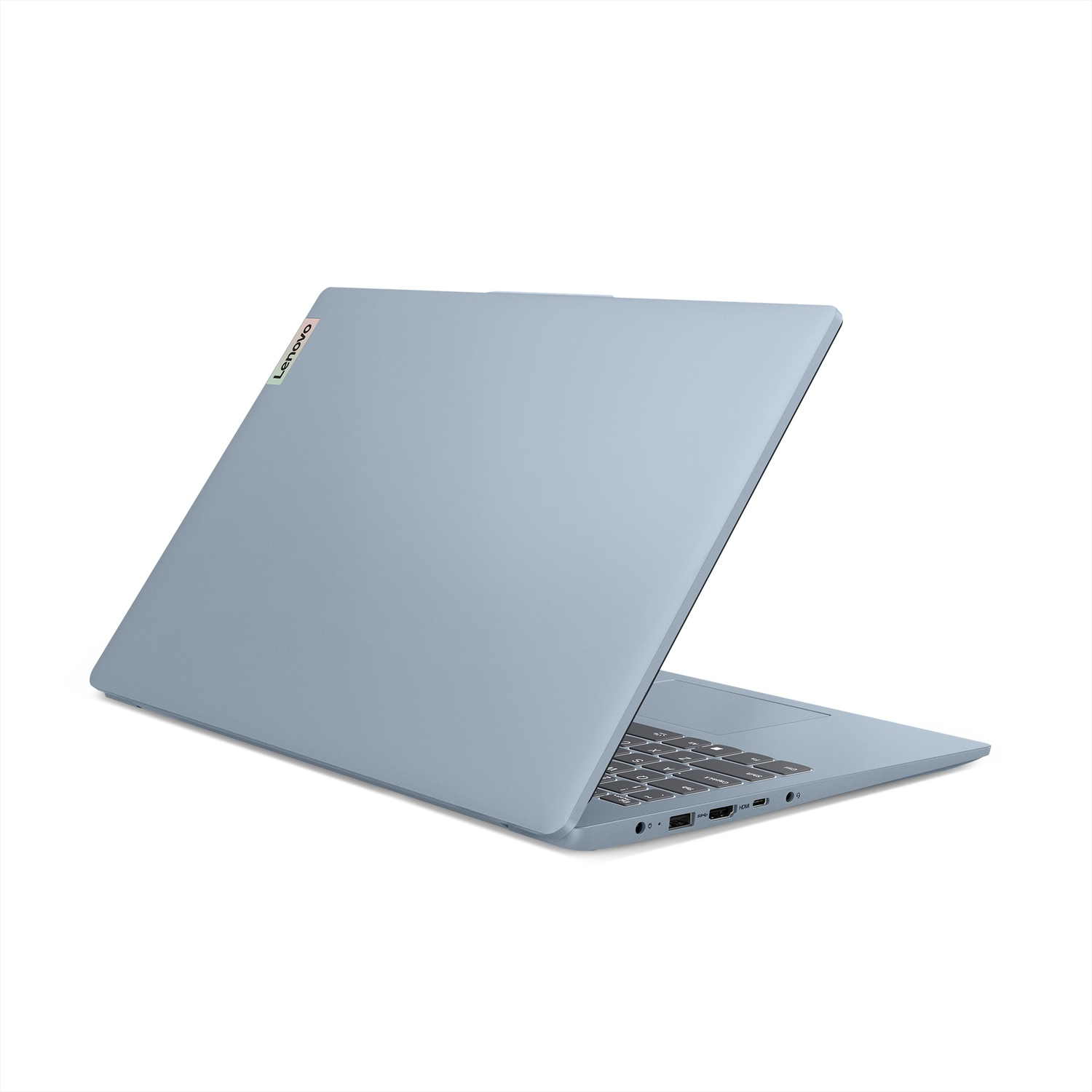 Un laptop Lenovo azzurro su sfondo bianco, con tastiera e porte visibili.