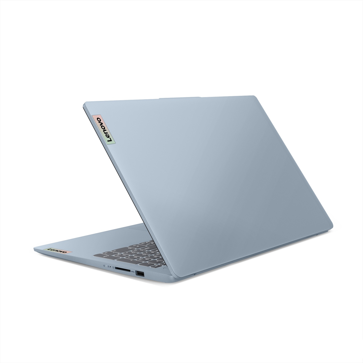 Un laptop Lenovo azzurro chiaro mostrato su sfondo bianco, con tastiera visibile.