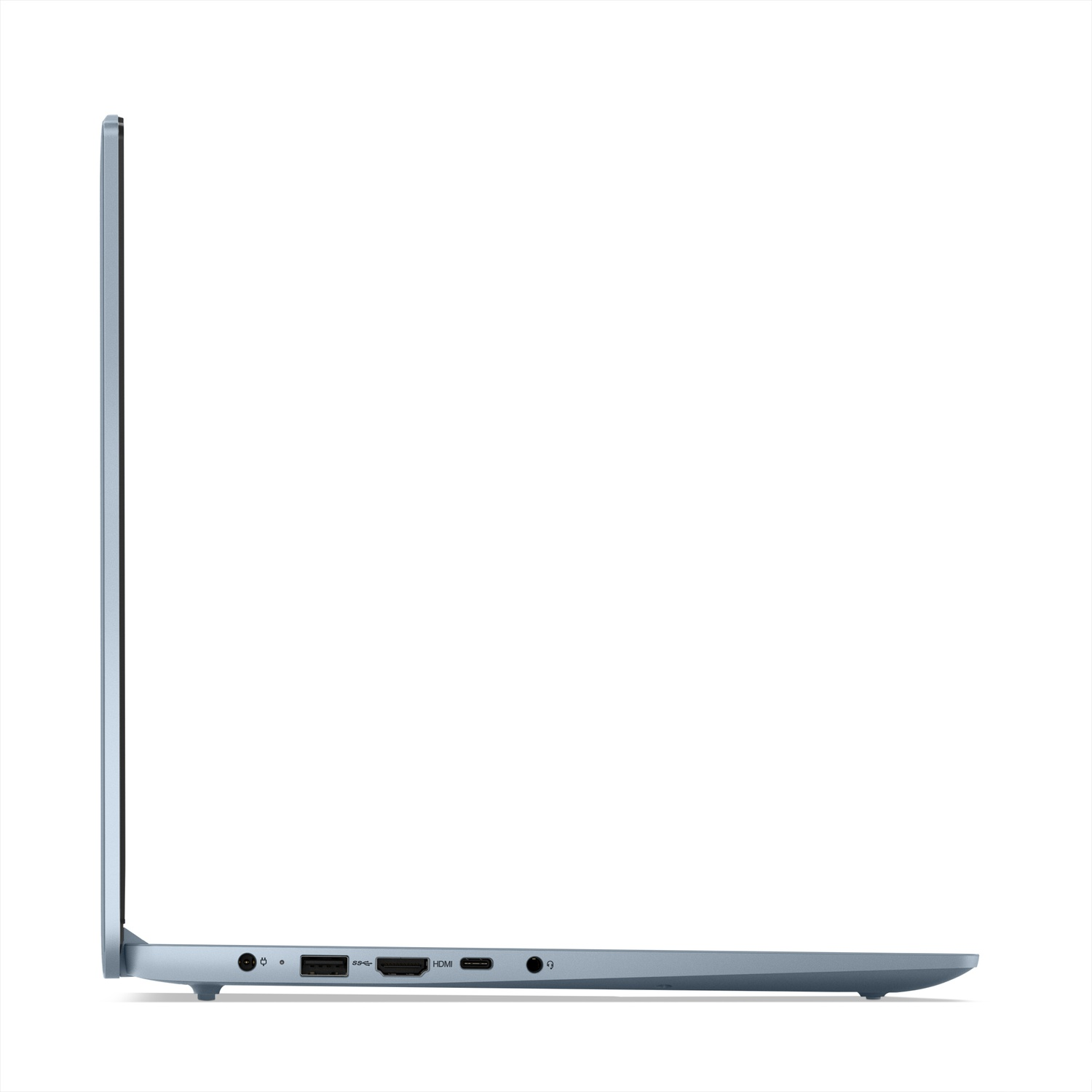 Vista laterale di un laptop azzurro con porte: USB-A, HDMI, USB-C, cuffie.