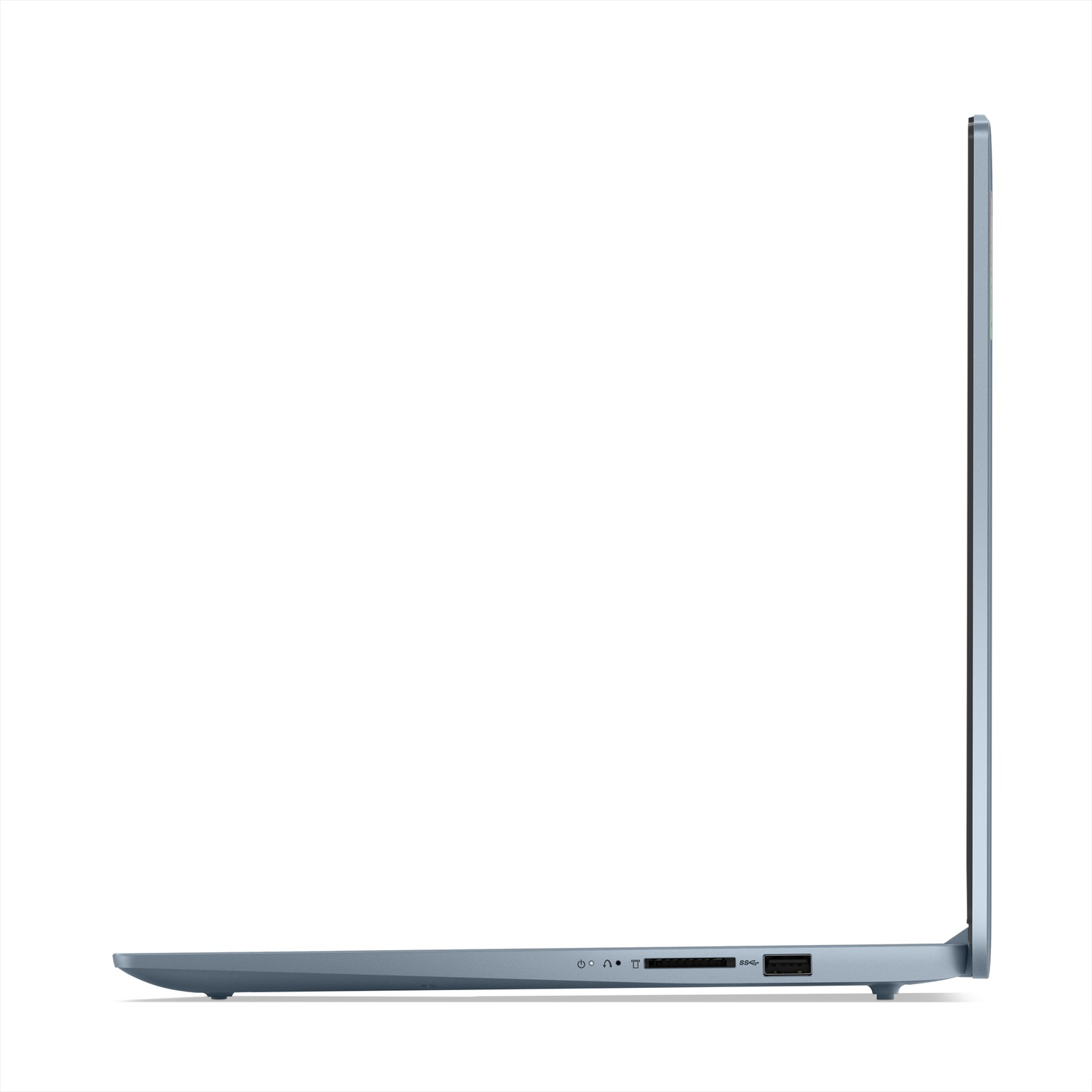 Vista laterale di un laptop blu che mostra le porte: cuffie, scheda SD, USB-C, USB-A.