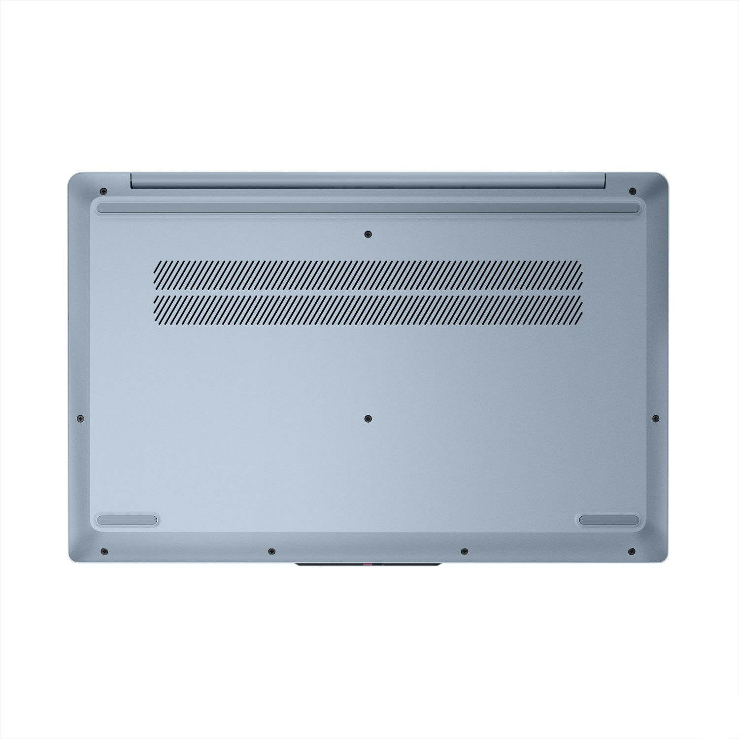 Parte inferiore di un laptop azzurro con prese d'aria e viti.