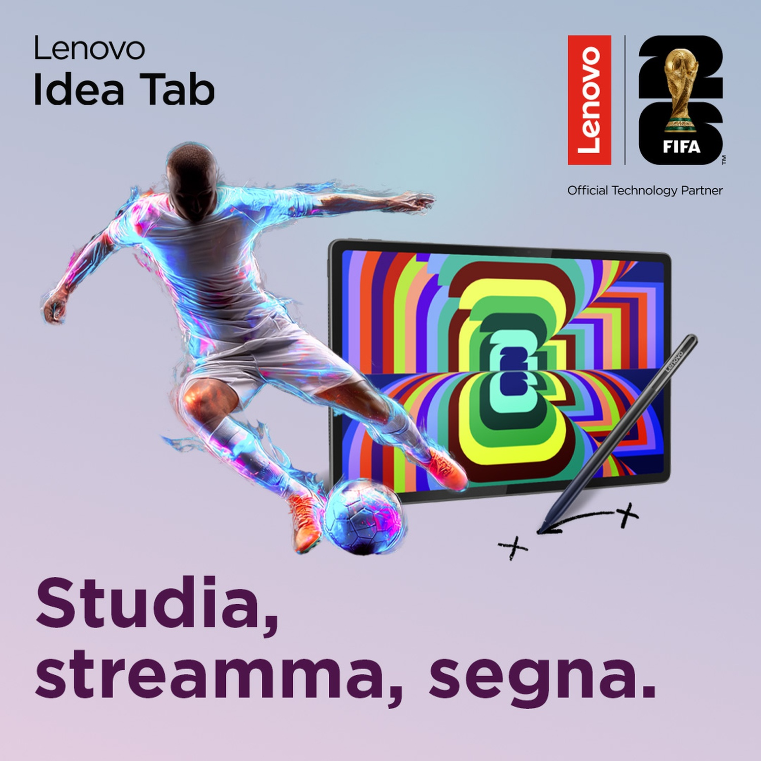 Un calciatore con linee luminose gioca con un pallone accanto a un tablet.
