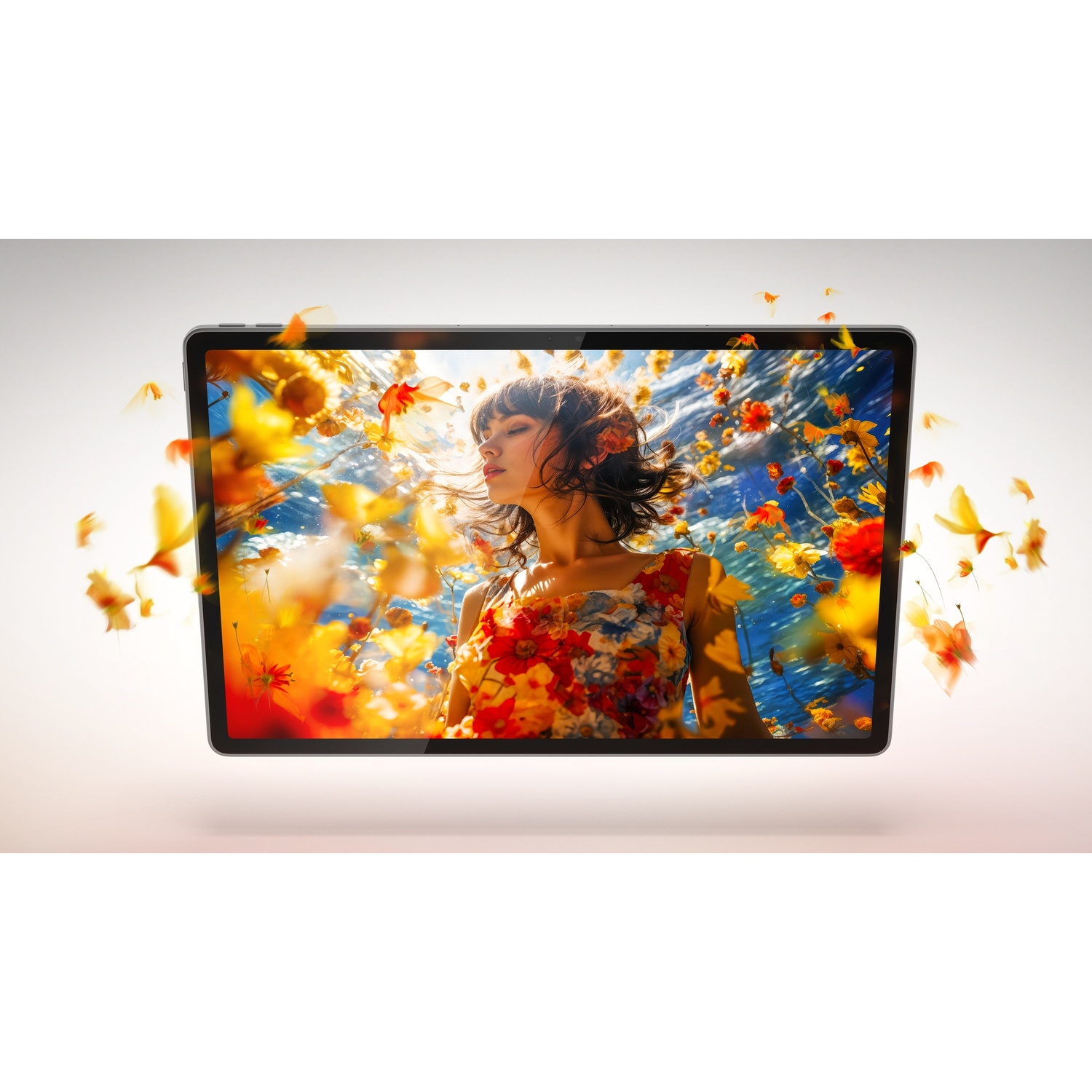 Donna in abito floreale su schermo tablet, circondata da fiori volanti.