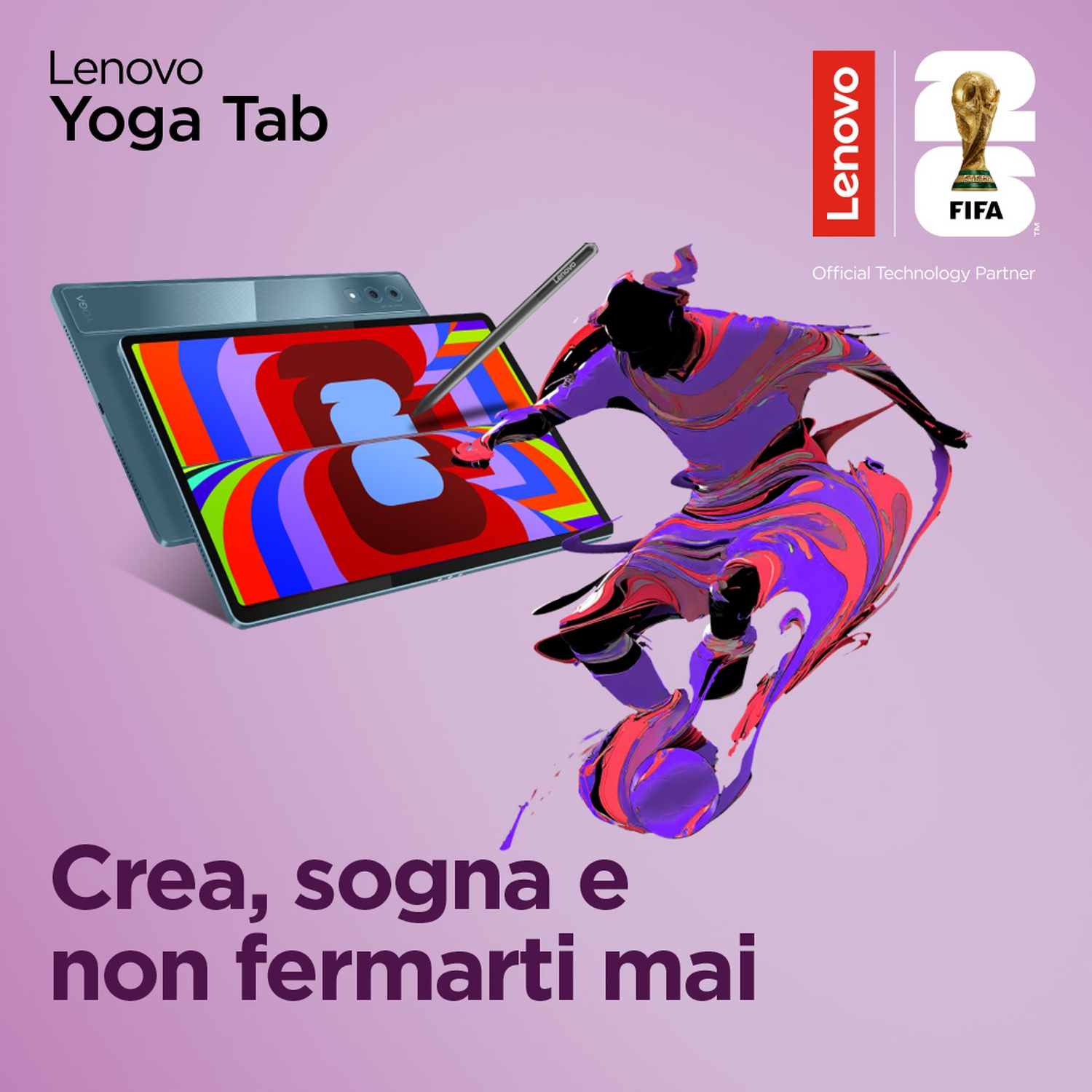 Lenovo Yoga Tab con display colorato, logo FIFA e silhouette calciatore.