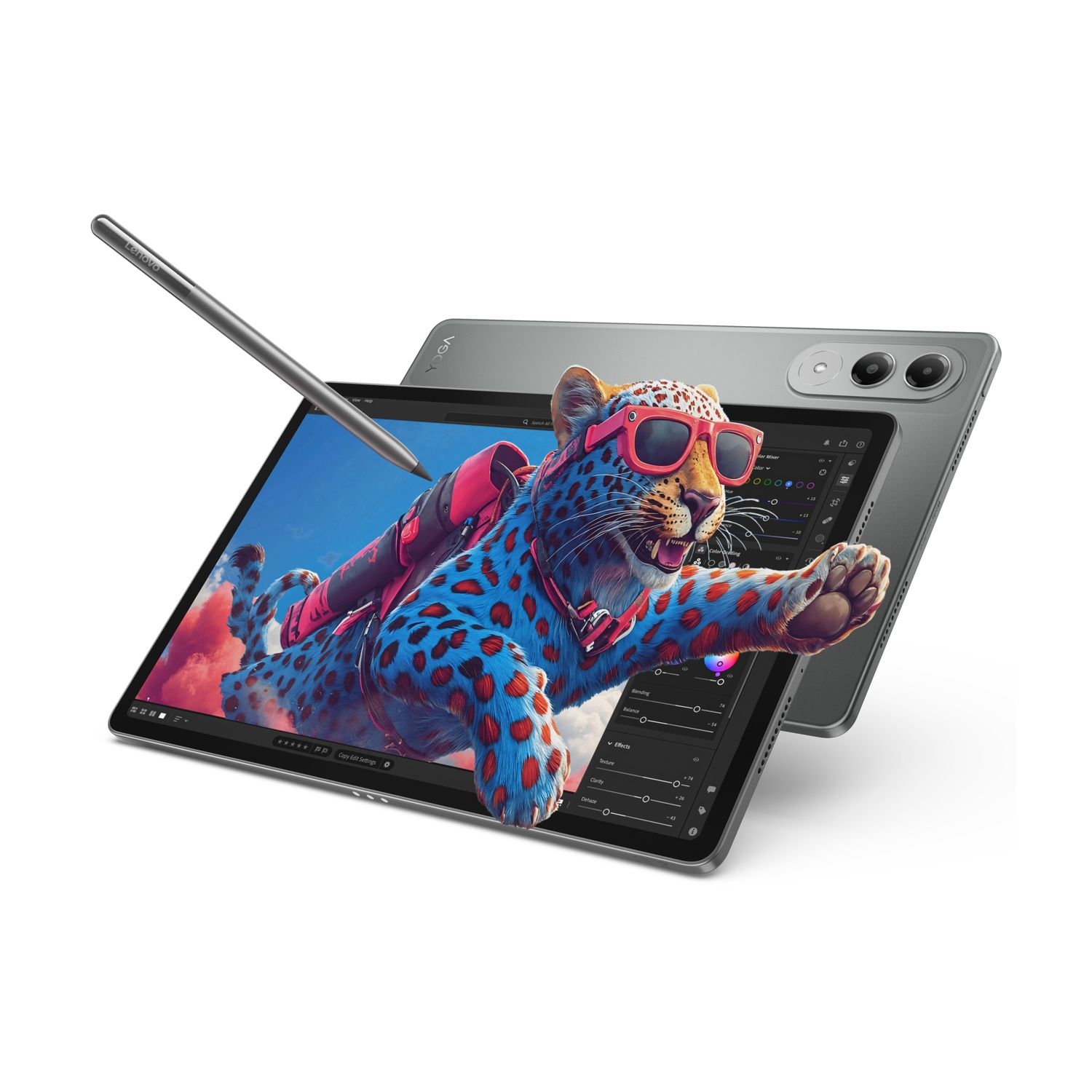 Tablet con stilo mostra un leopardo blu con macchie rosa e occhiali da sole.