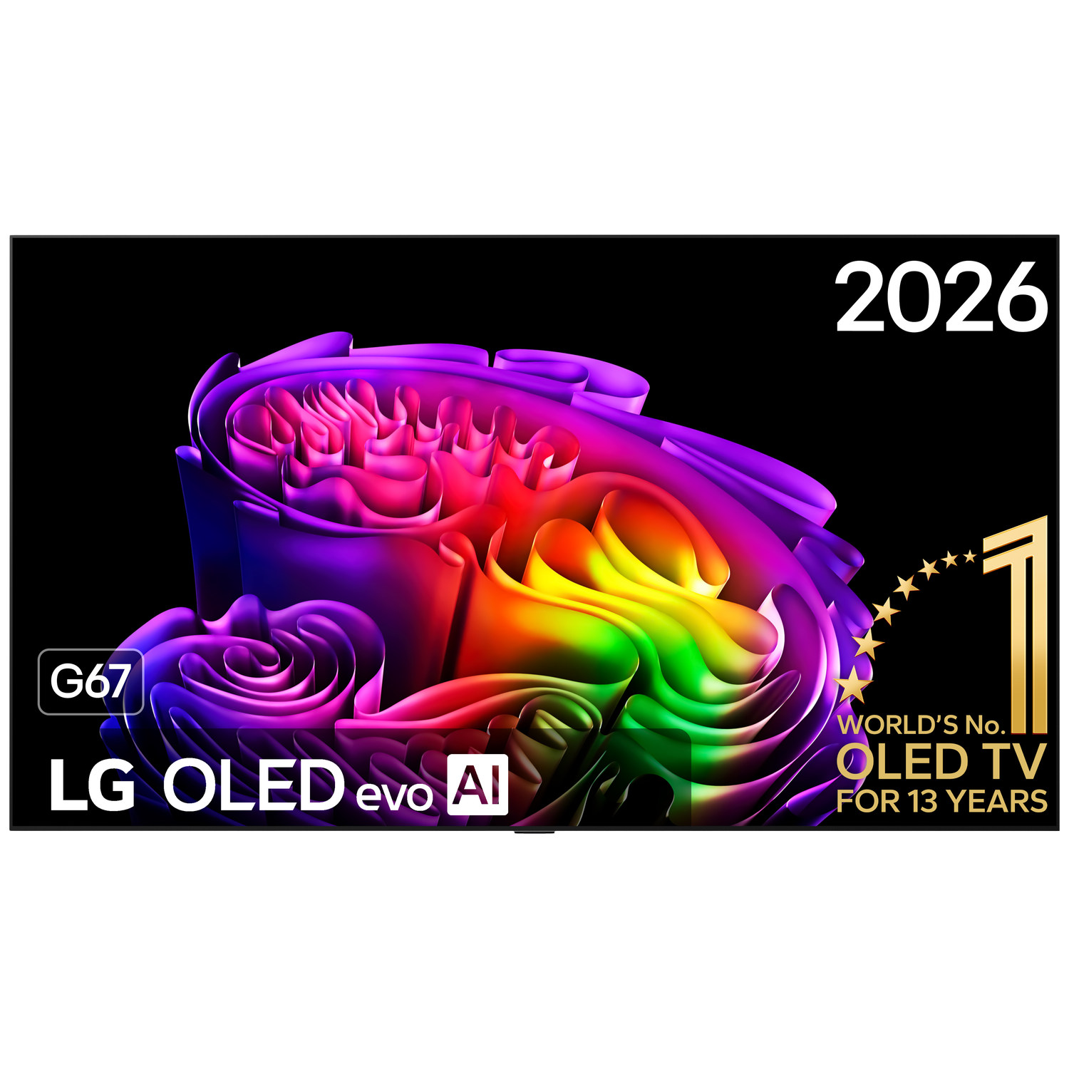 TV LG OLED evo AI G67 avec motif arc-en-ciel et "N° 1 Mondial".