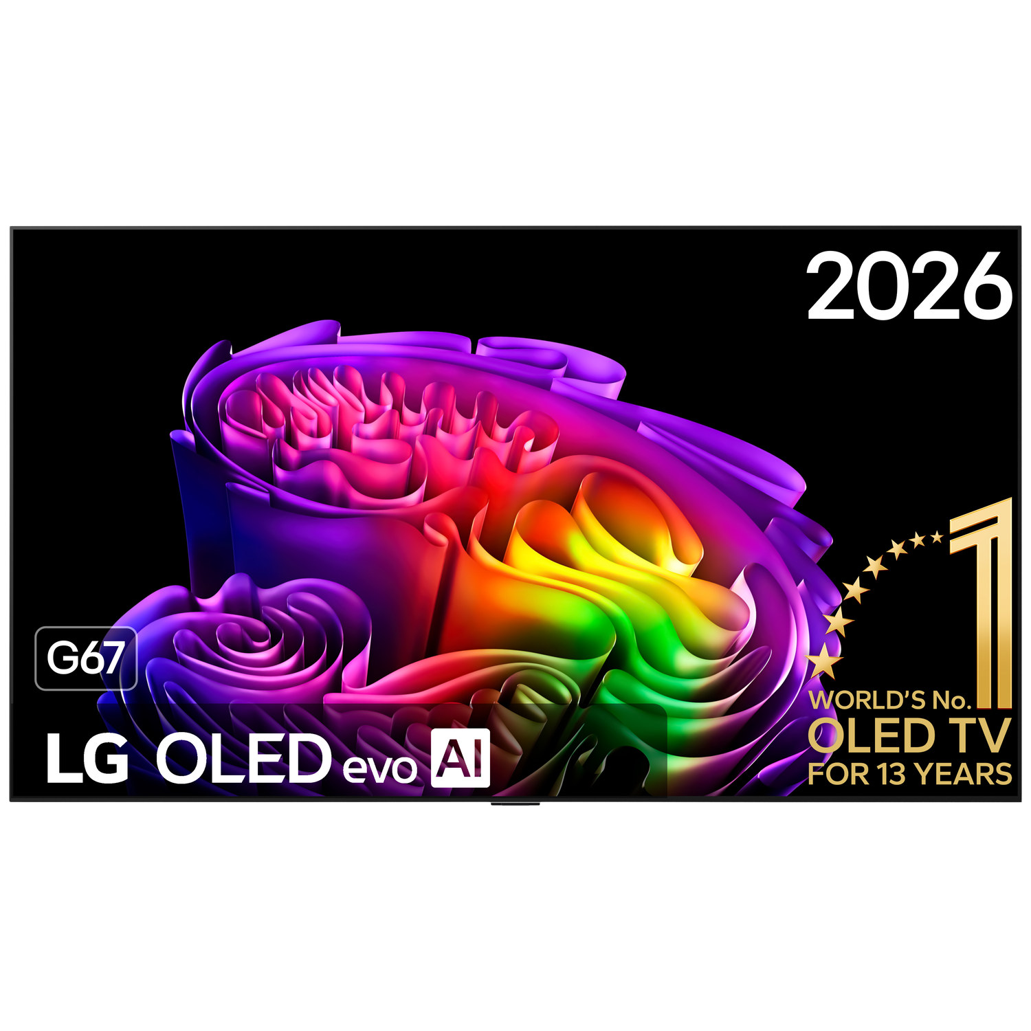 TV LG OLED evo AI G67 2026, art abstrait arc-en-ciel, TV OLED N°1 mondiale.