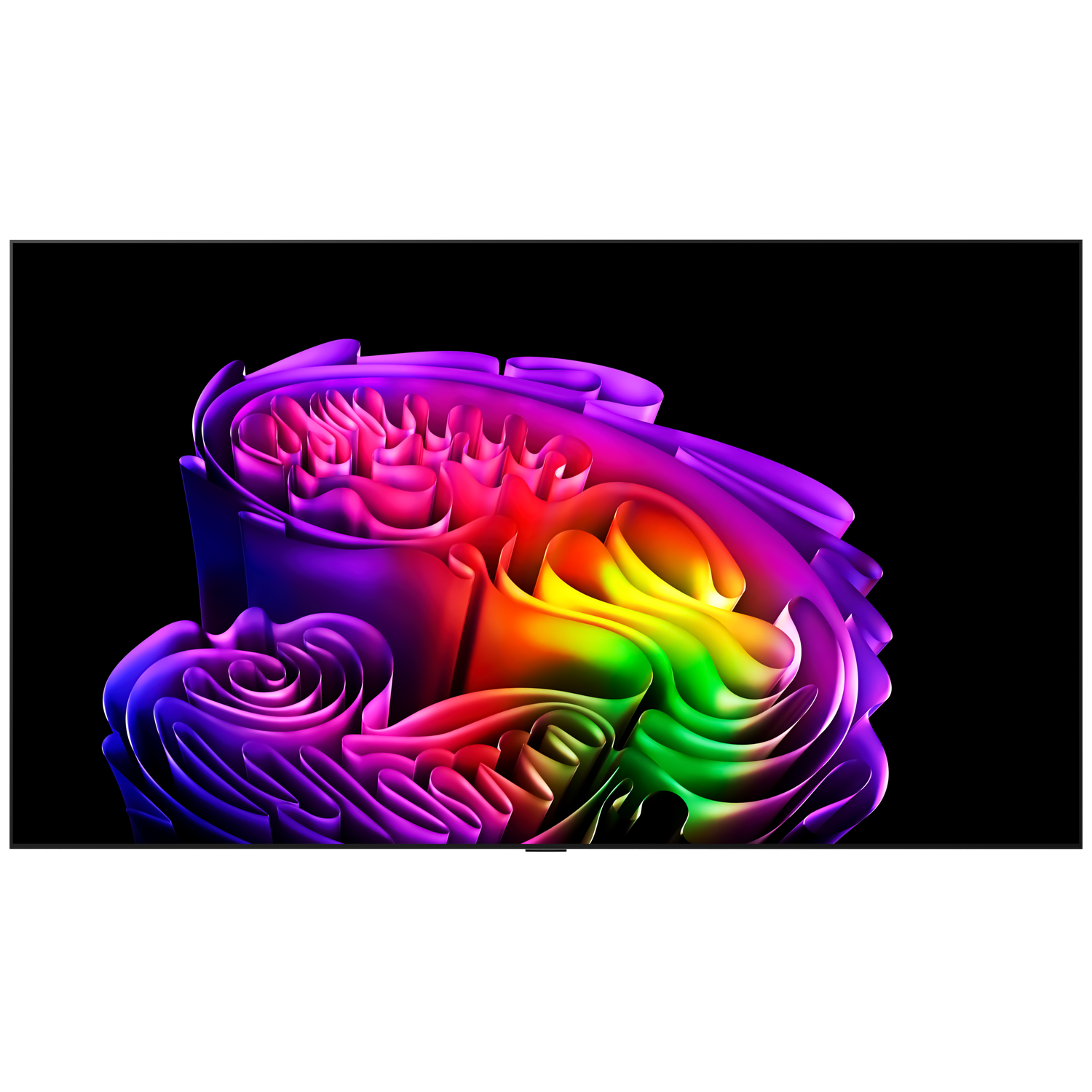 Sculpture abstraite aux couleurs arc-en-ciel et formes torsadées sur fond noir.