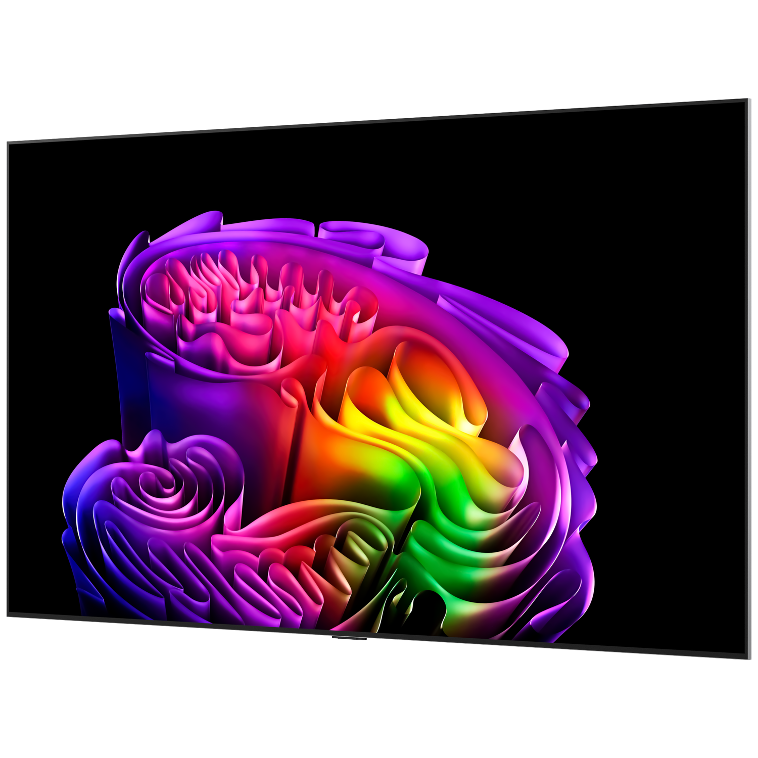 Forme abstraite et pliée aux couleurs arc-en-ciel sur fond noir.