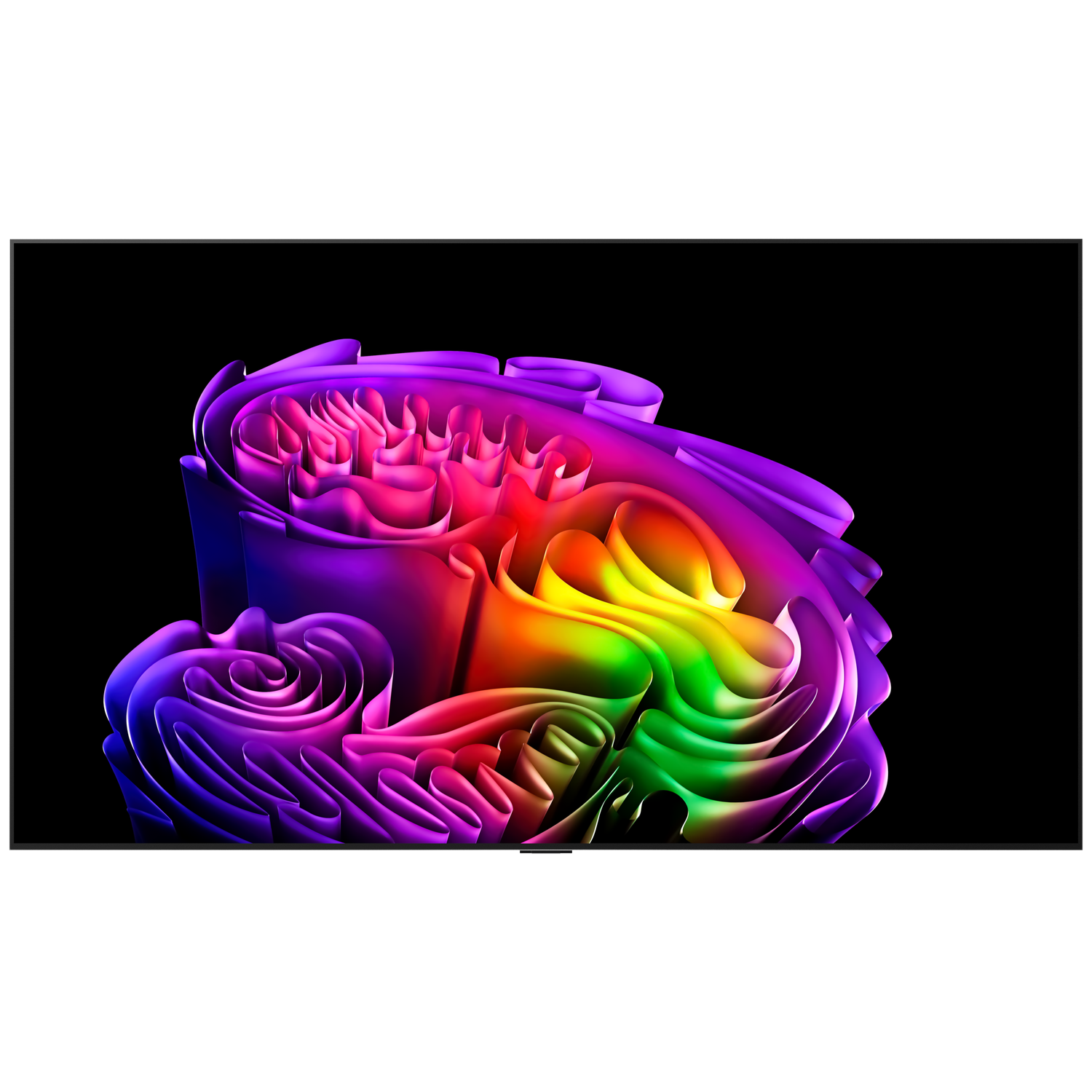 Sculpture abstraite aux couleurs arc-en-ciel sur fond noir.