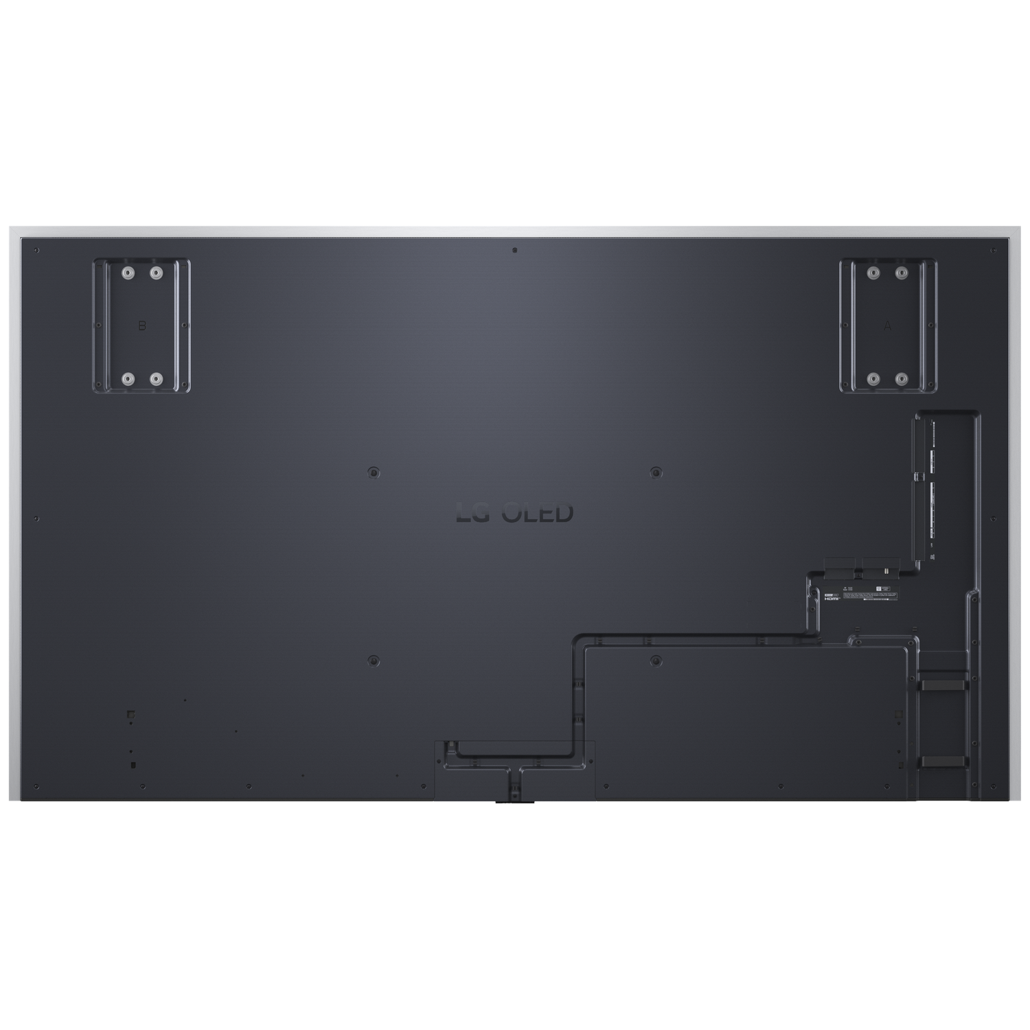 Arrière d'un téléviseur LG OLED montrant les ports et les points de fixation murale.