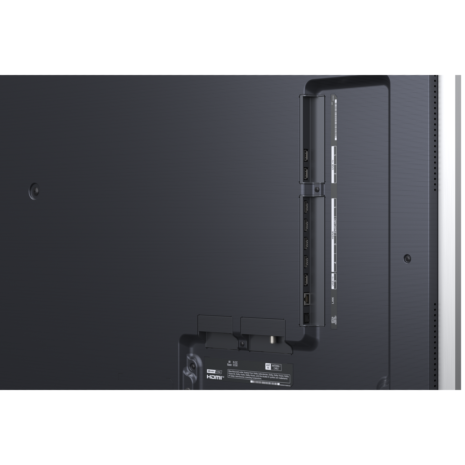 Arrière d'un téléviseur montrant divers ports comme HDMI, USB et LAN.