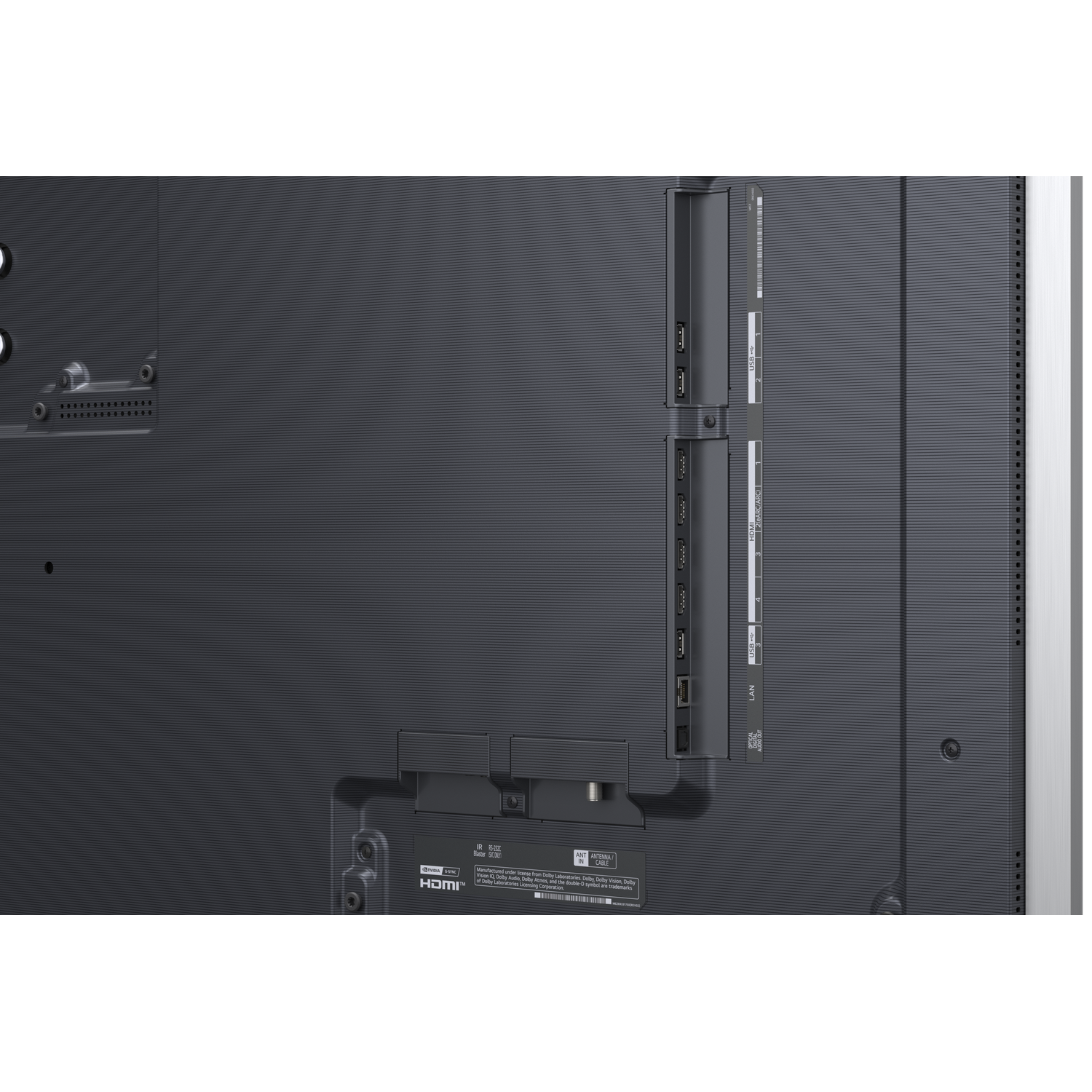 Arrière de TV avec ports : HDMI, USB, LAN, audio optique.