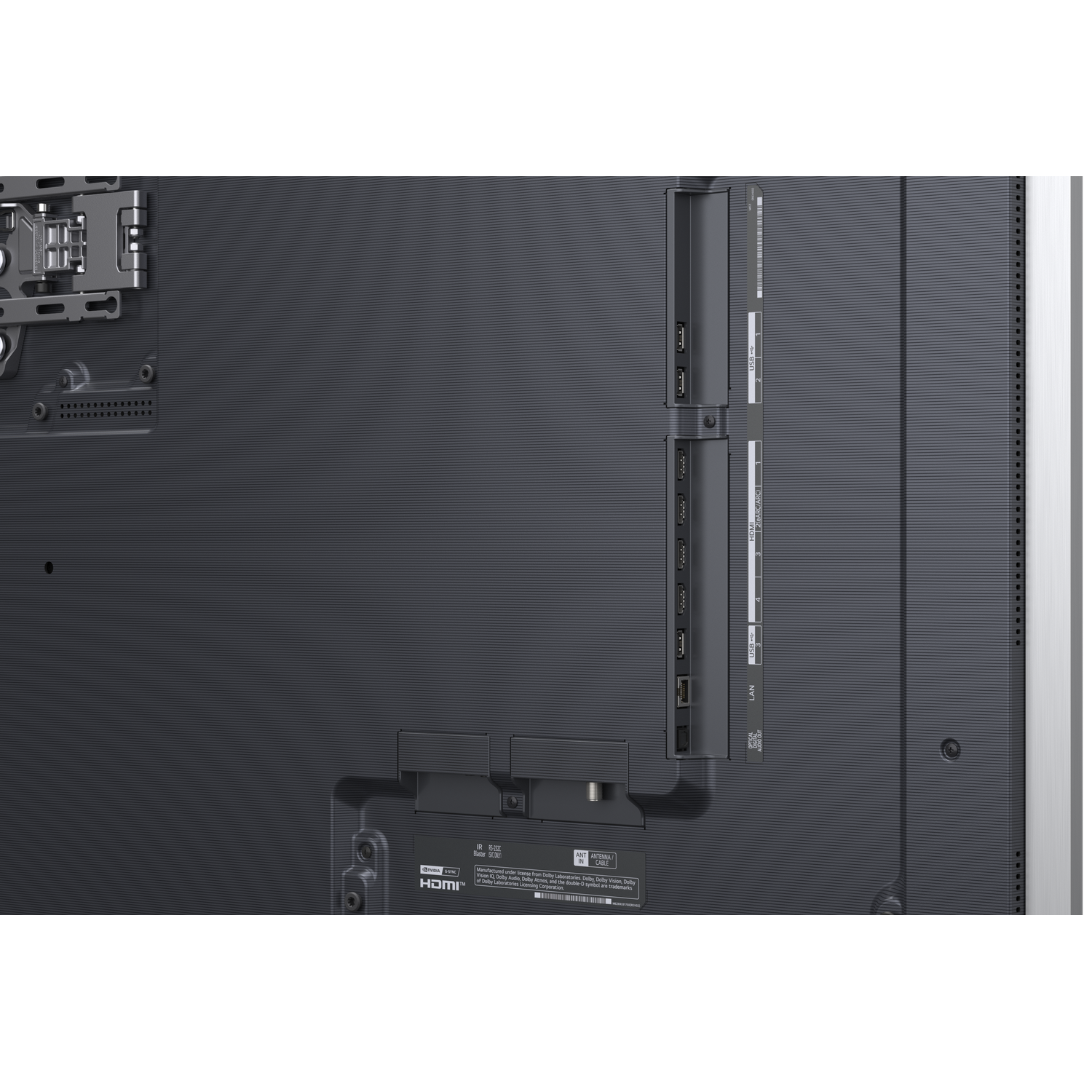 Arrière d'un téléviseur montrant les ports : HDMI, USB, LAN, Antenne.