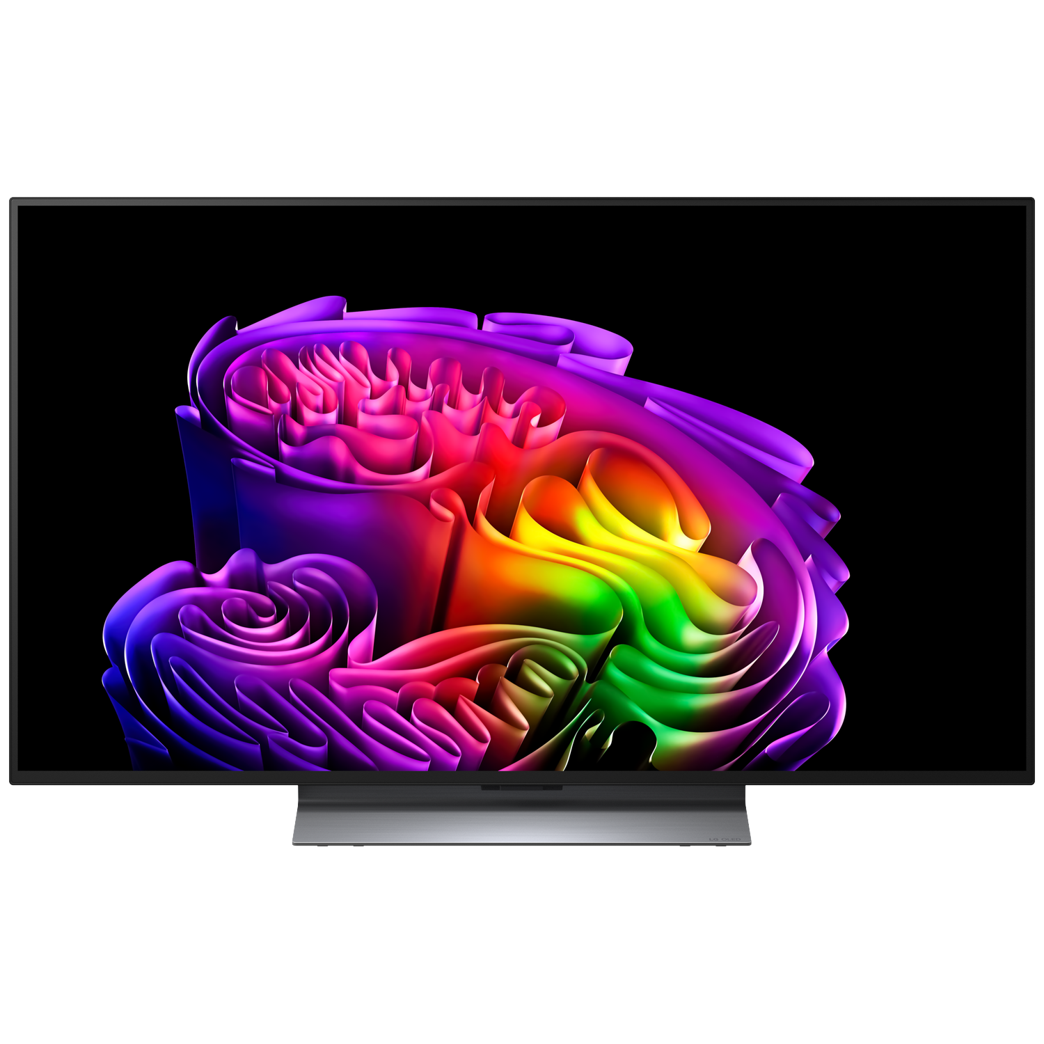 A modern TV displays an abstract, multicolored pattern on a black background.