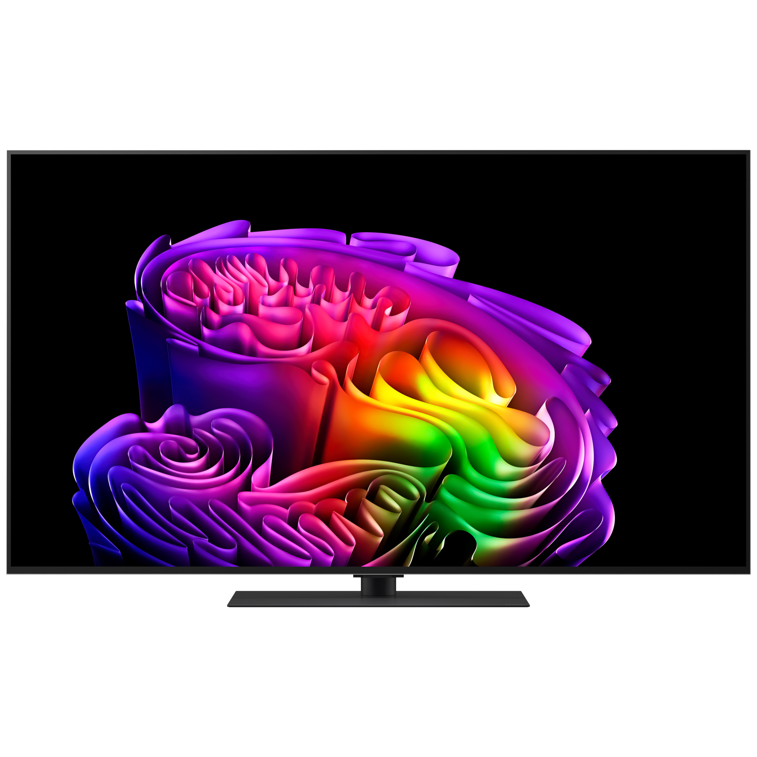 A modern television displaying an abstract, colorful screensaver.