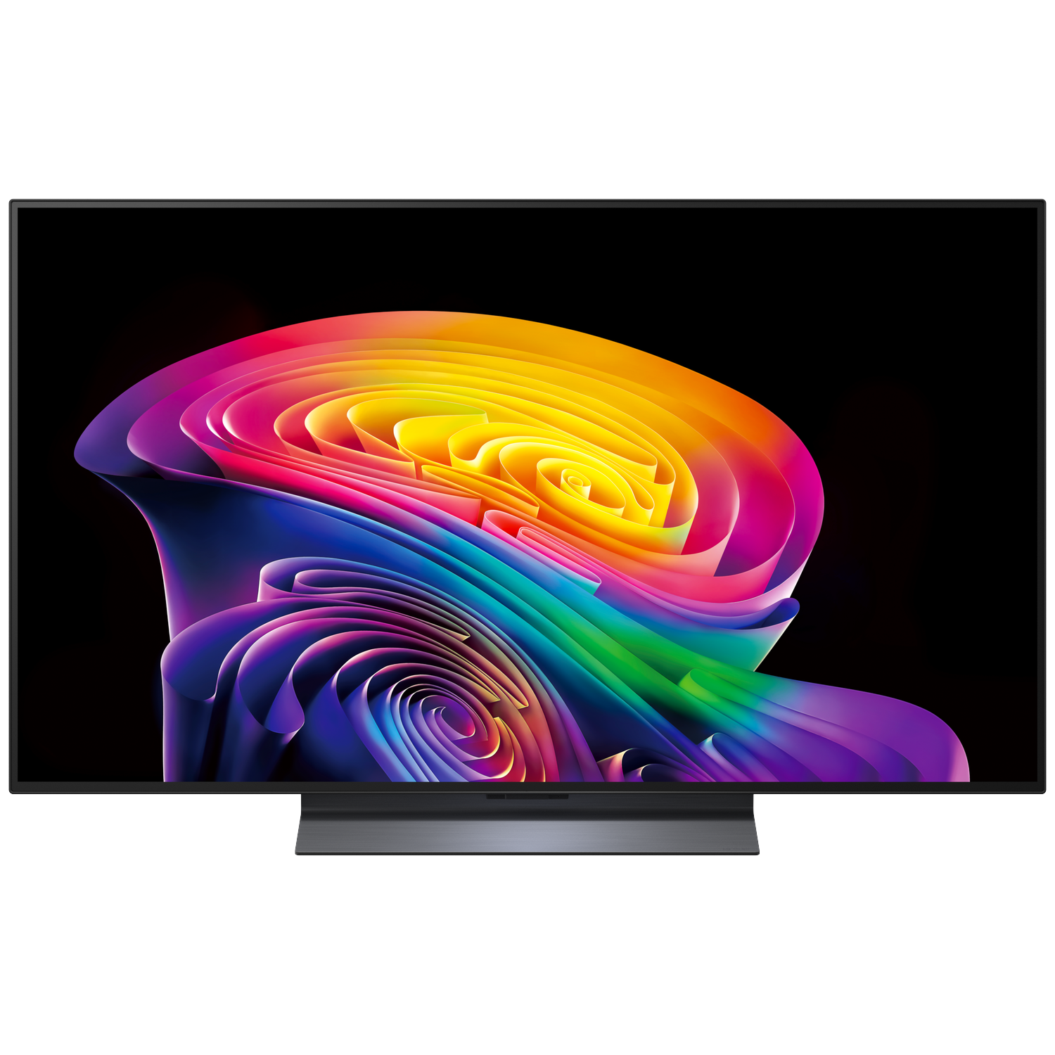 Une TV moderne affiche un tourbillon abstrait vibrant aux couleurs arc-en-ciel sur fond noir.