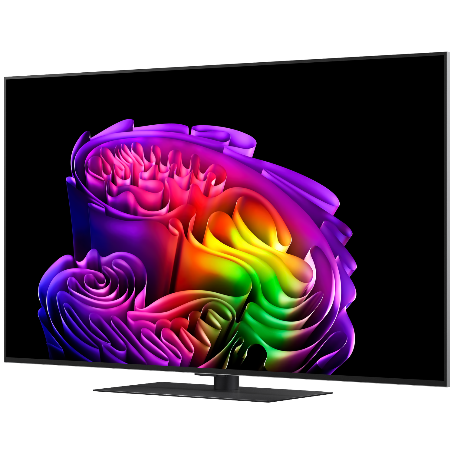 A modern TV displays an abstract, colorful pattern of swirling ribbons.