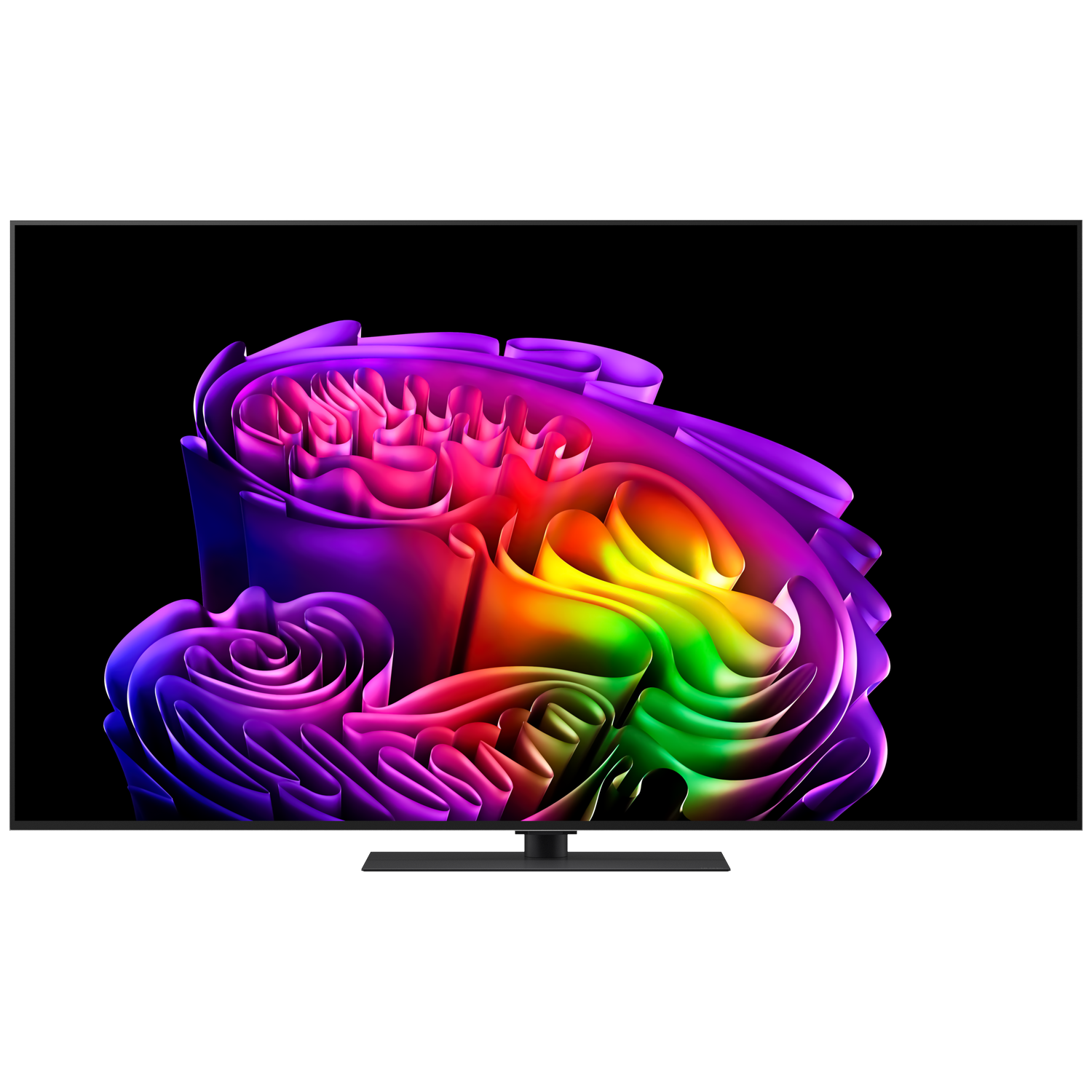 A modern television displays an abstract, rainbow-colored graphic with flowing shapes.