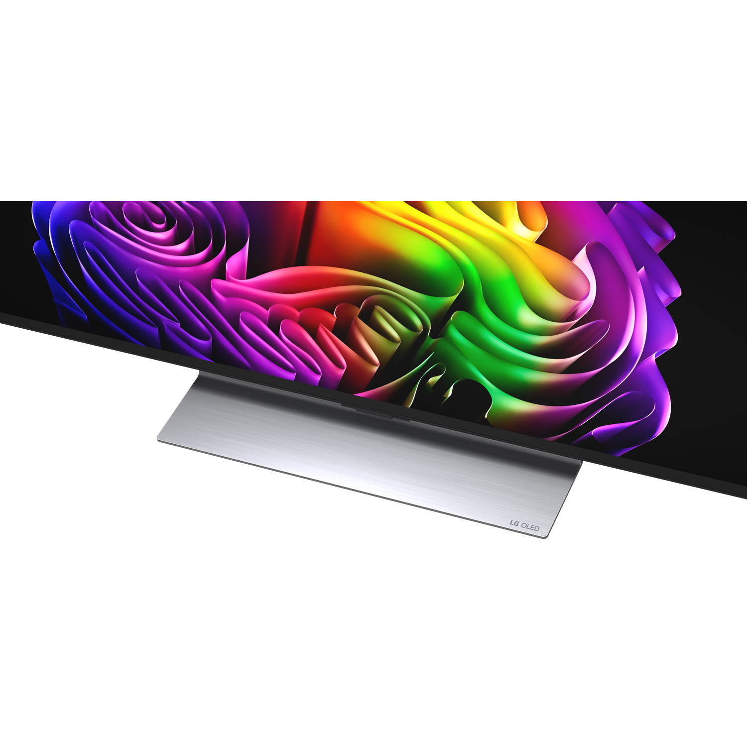 An LG OLED TV displaying a rainbow-colored abstract pattern on screen.