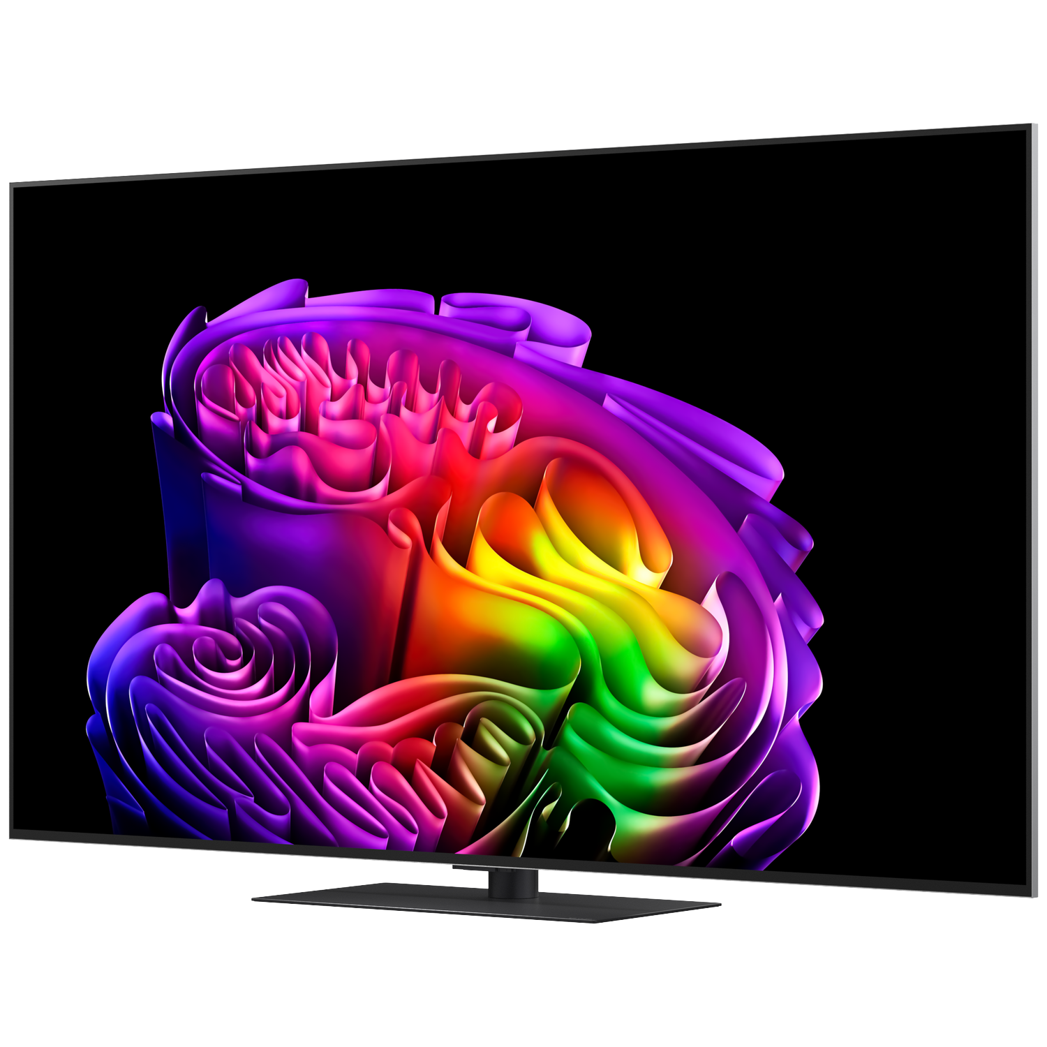 A modern television displays an abstract, rainbow-colored artwork on a black background.
