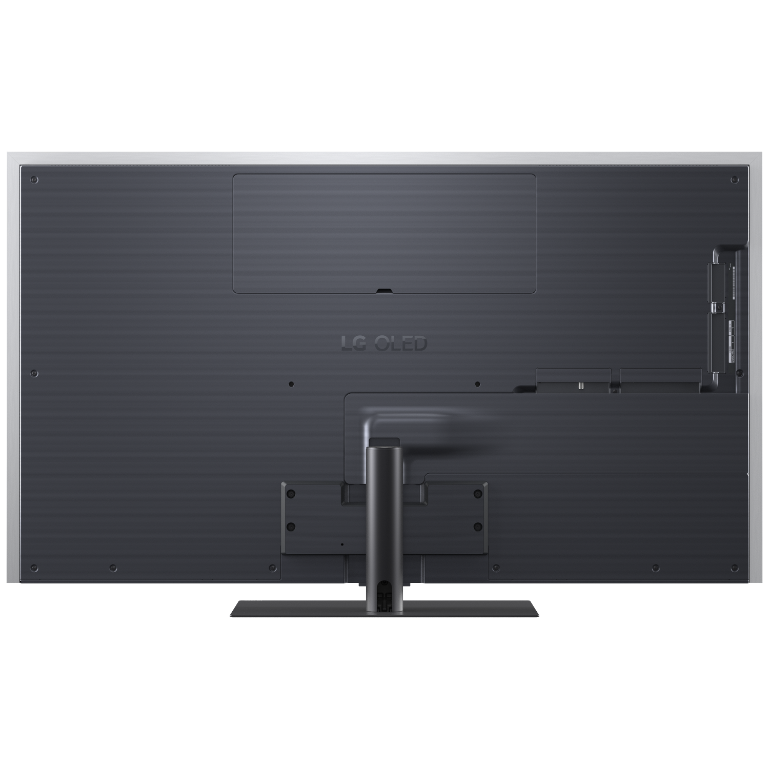Back view of an LG OLED TV with a silver frame and black stand.