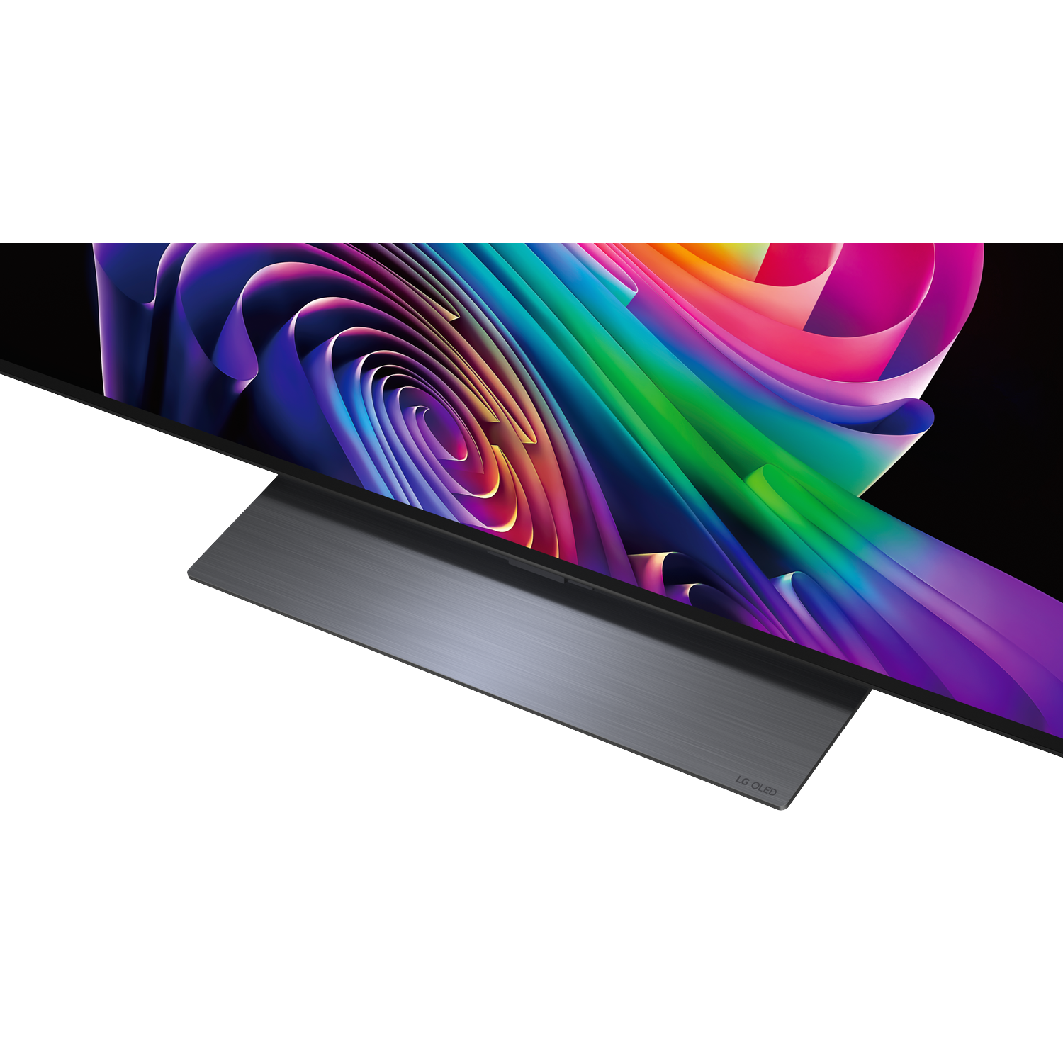 Gros plan d'un téléviseur LG OLED affichant un motif tourbillonnant coloré à l'écran et un pied argenté.
