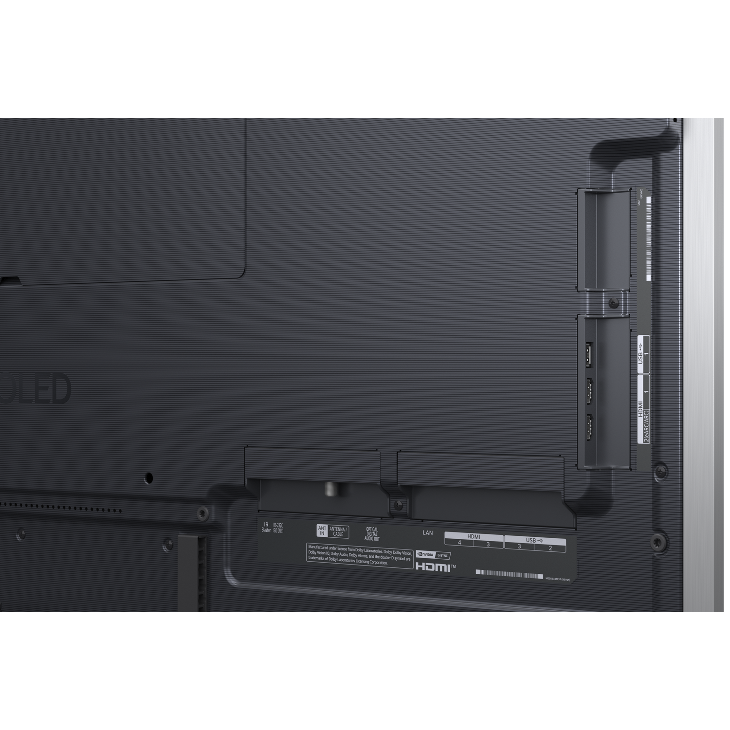 Back of an OLED TV showing ports: HDMI, USB, LAN, Antenna.