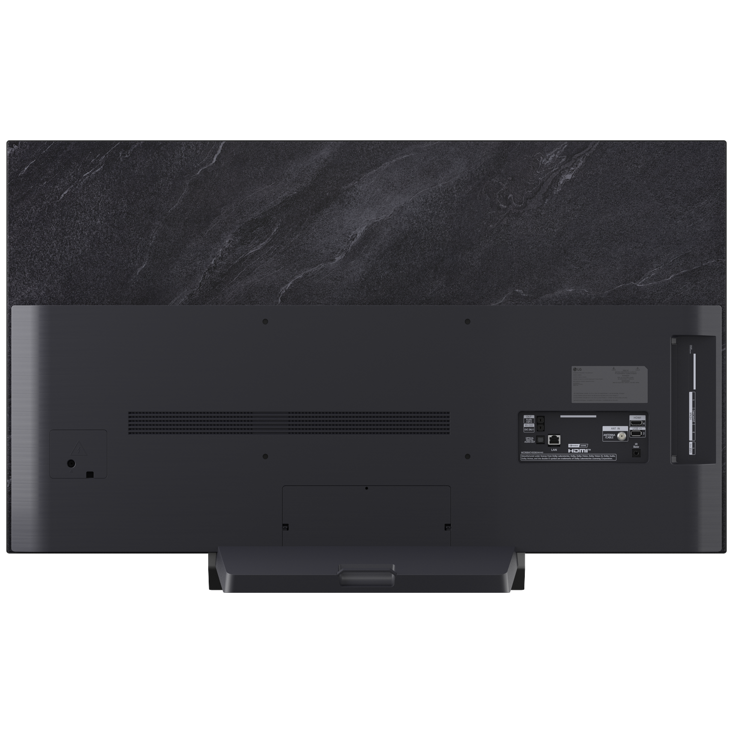 Arrière d'une TV noire avec accent marbre et ports.