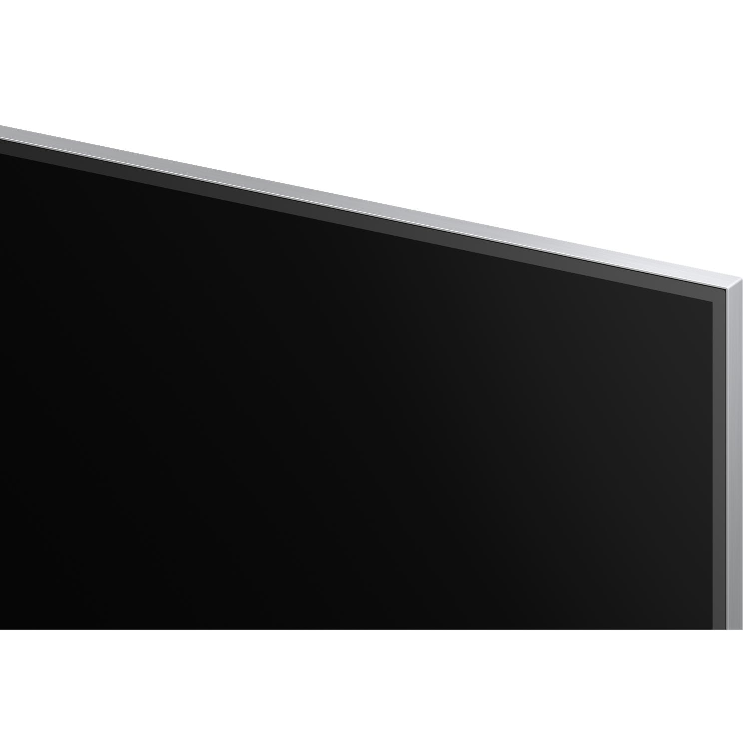 Close-up of a modern TV with a thin silver bezel and a black screen.