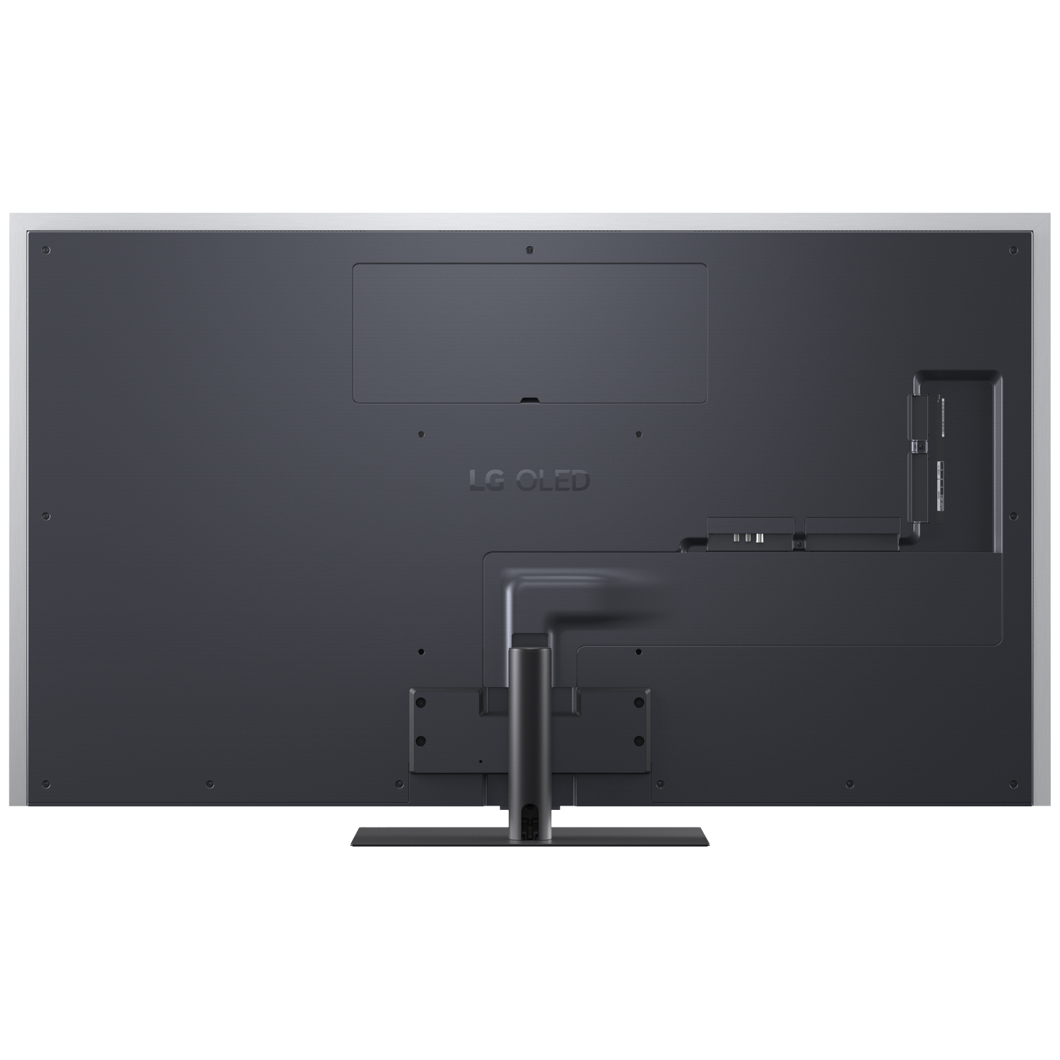 Back view of a thin, dark LG OLED TV with silver trim and a black stand.