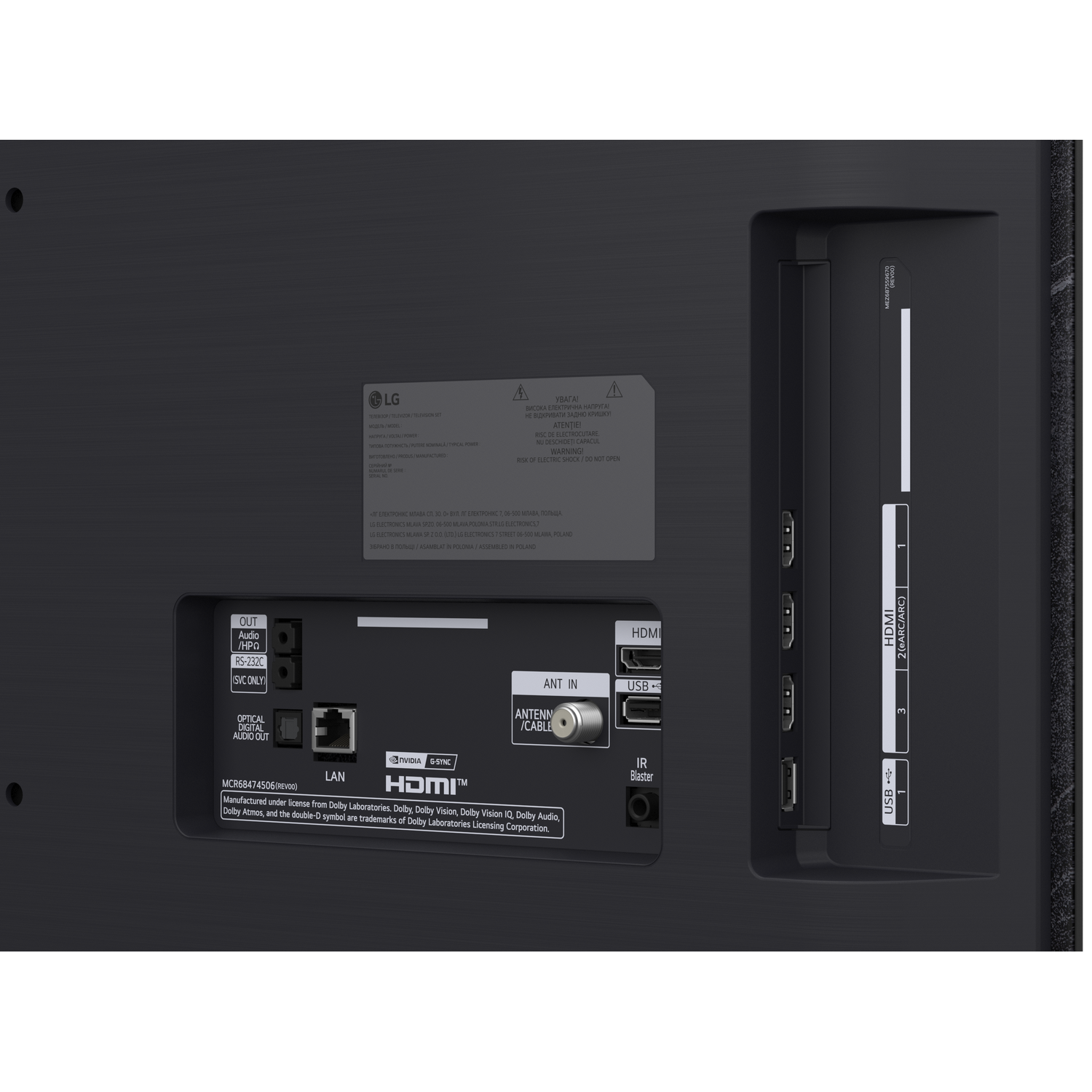 Arrière du téléviseur avec ports : HDMI, USB, LAN, Antenne, Sortie Audio.