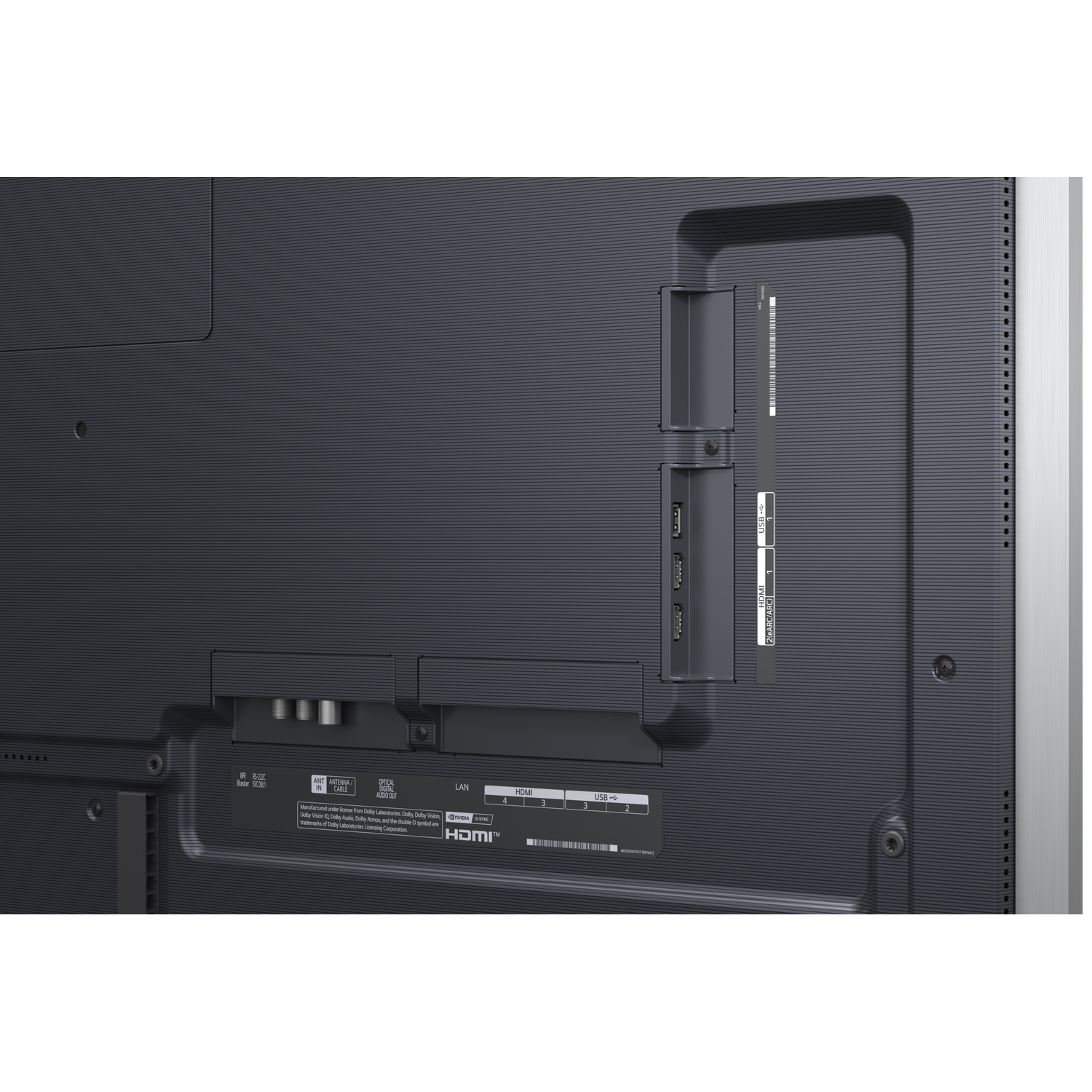 Back of a TV showing ports: HDMI, USB, LAN, Antenna.