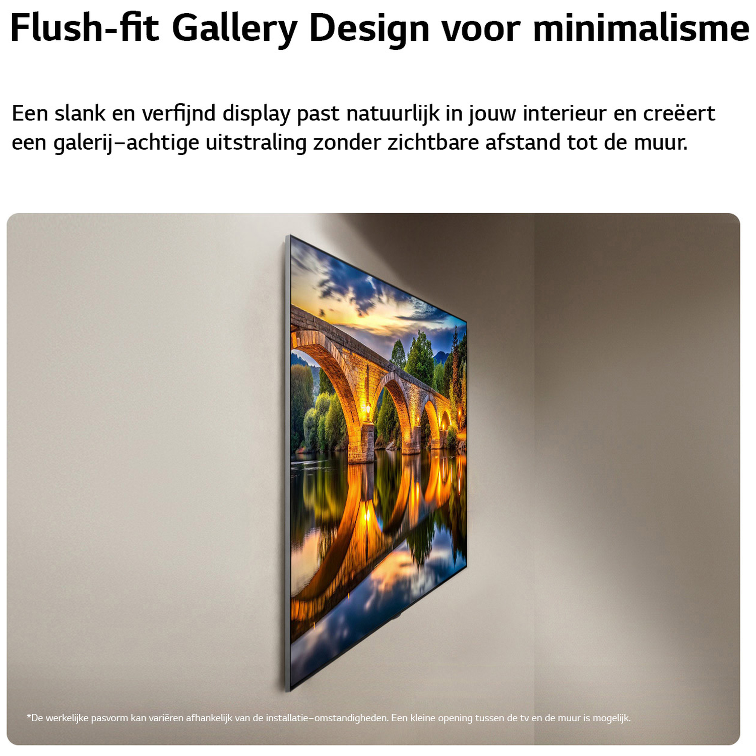 A sleek TV displays a bridge scene, mounted flush to a wall. Minimalist gallery look.