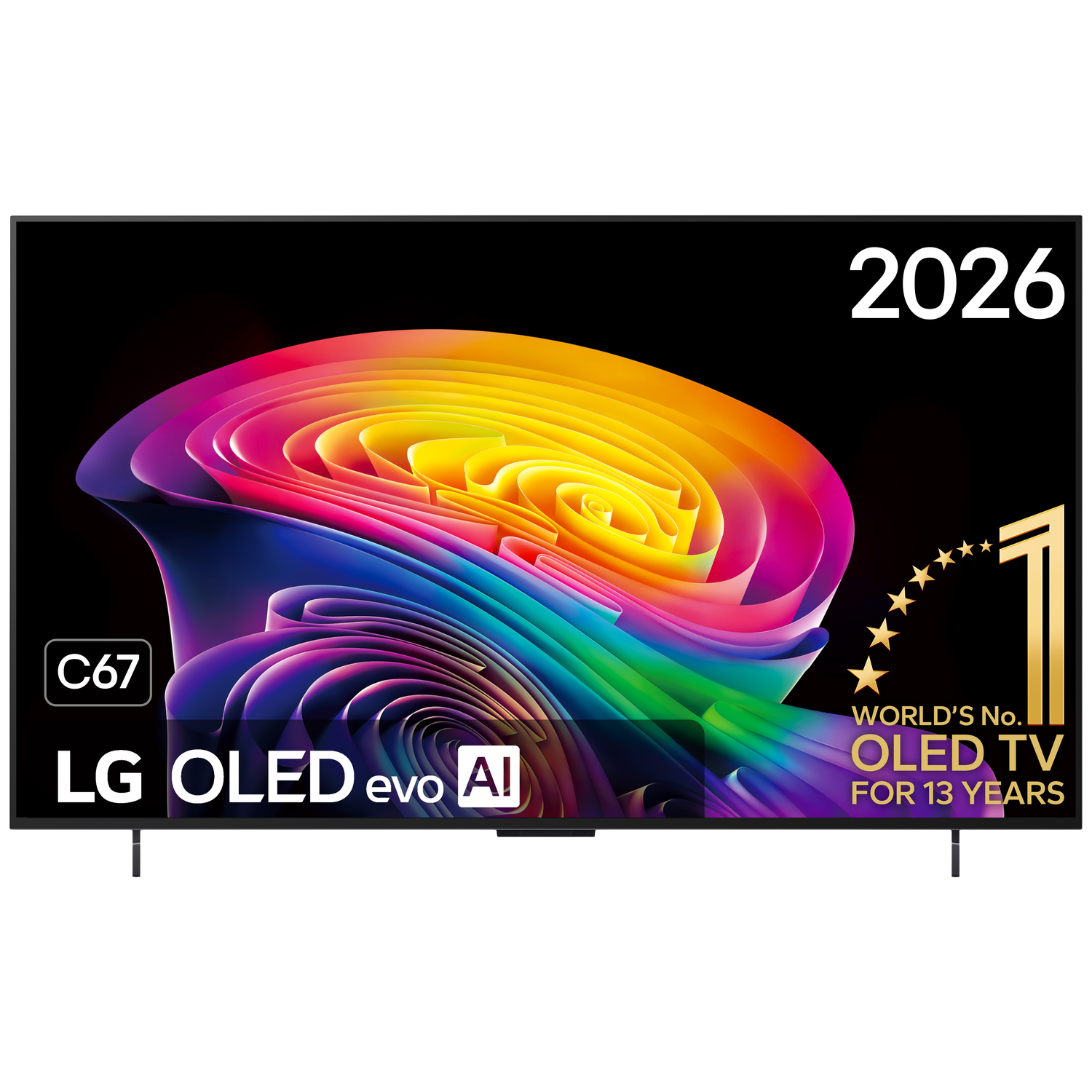 TV LG OLED C67 avec graphique abstrait arc-en-ciel et logo "World's No. 1".