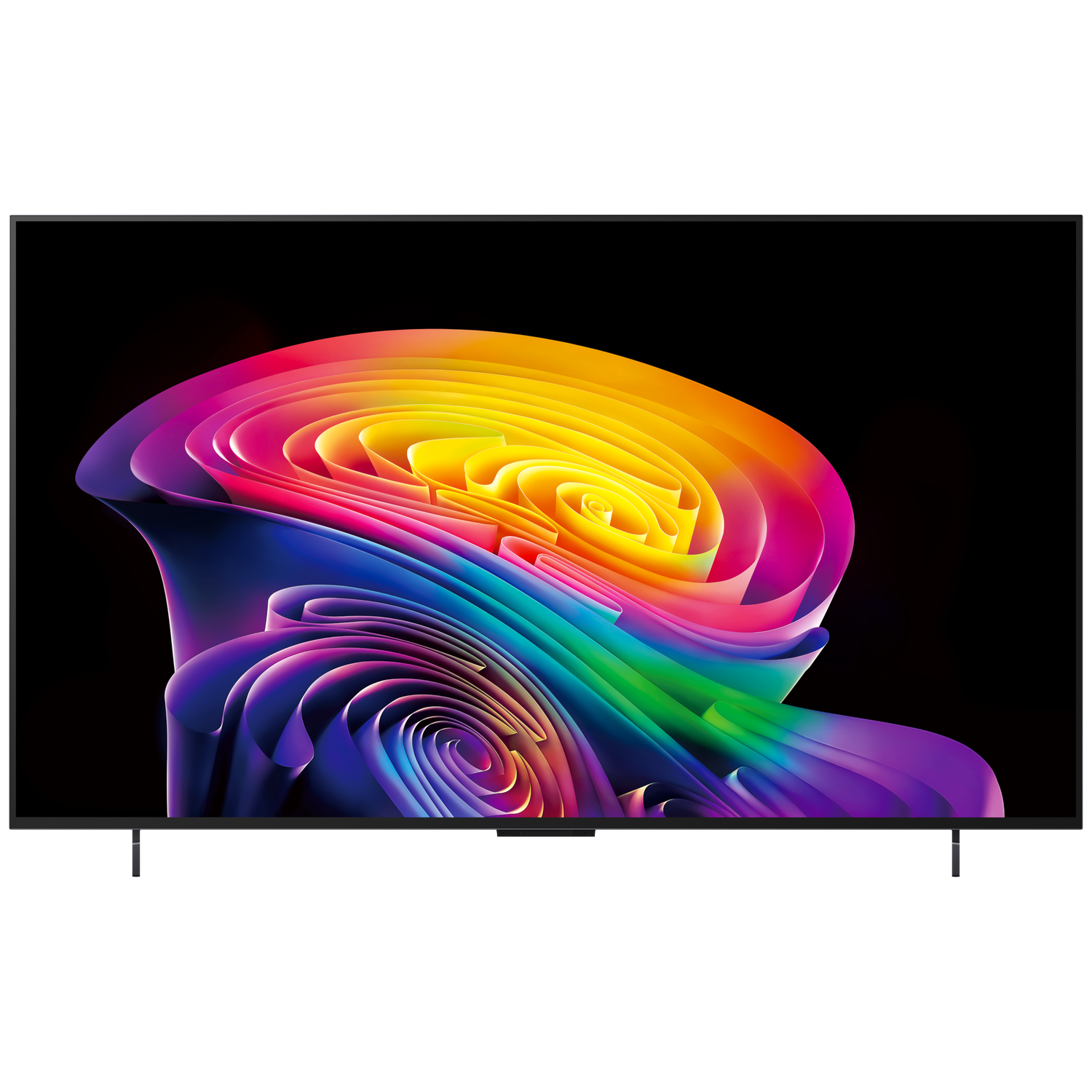 Une télévision moderne affiche un motif abstrait tourbillonnant aux couleurs de l'arc-en-ciel.